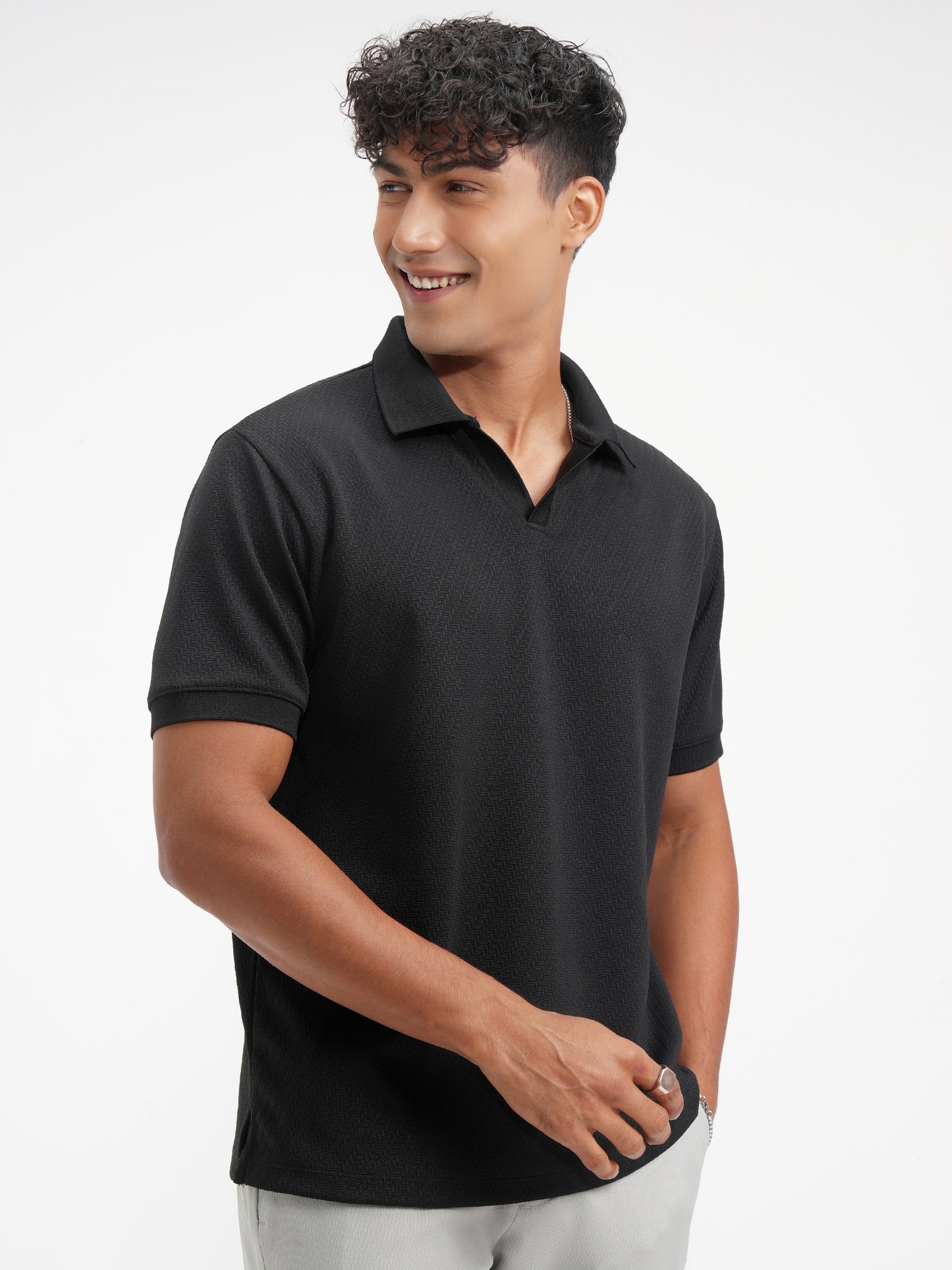 Highlander Men Black Solid Polo Collar T-Shirt - Black - Image 6