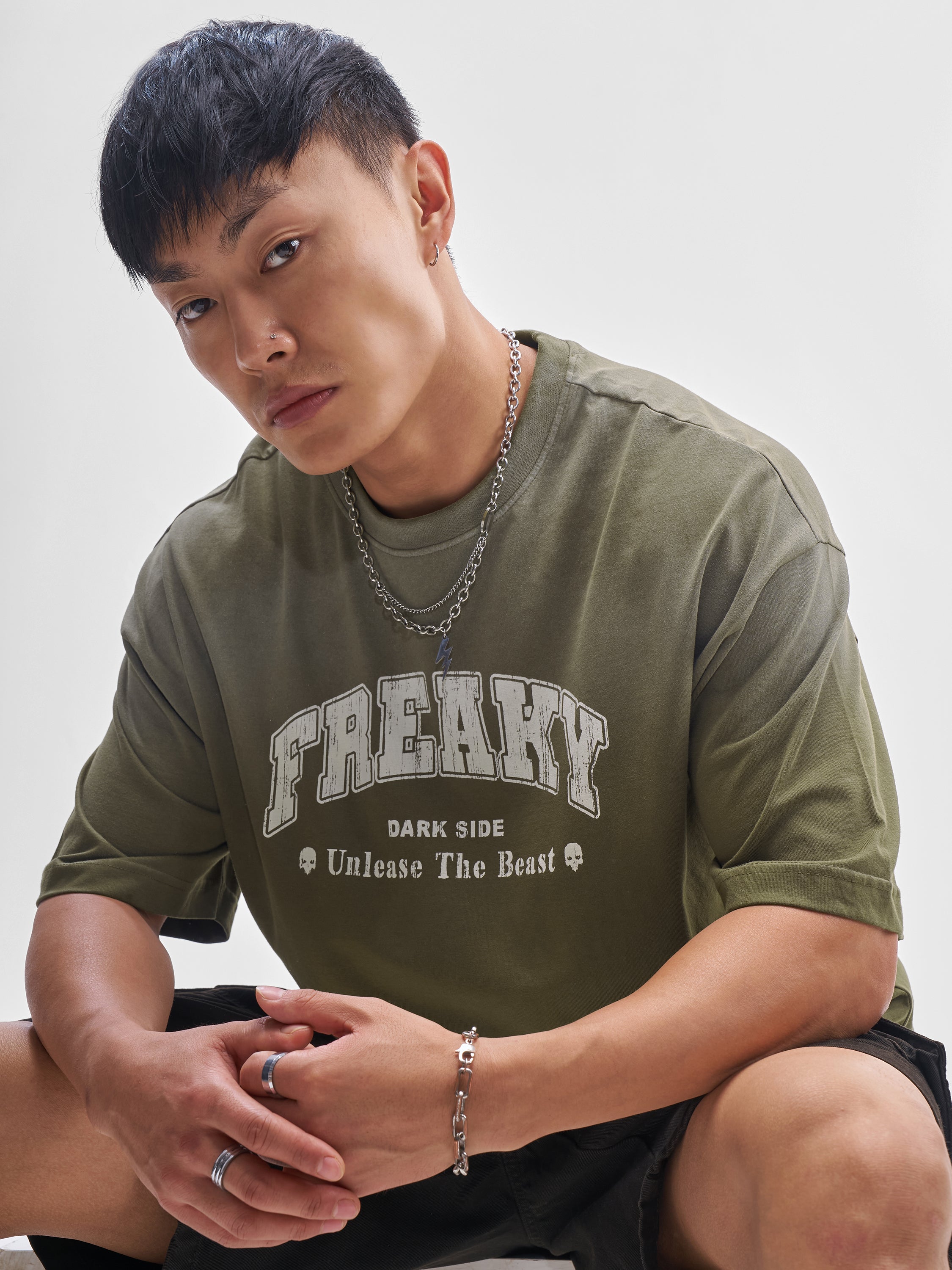 Highlander Men Olive Printed Round Neck Oversized Fit T-Shirt - Olive - Image 1