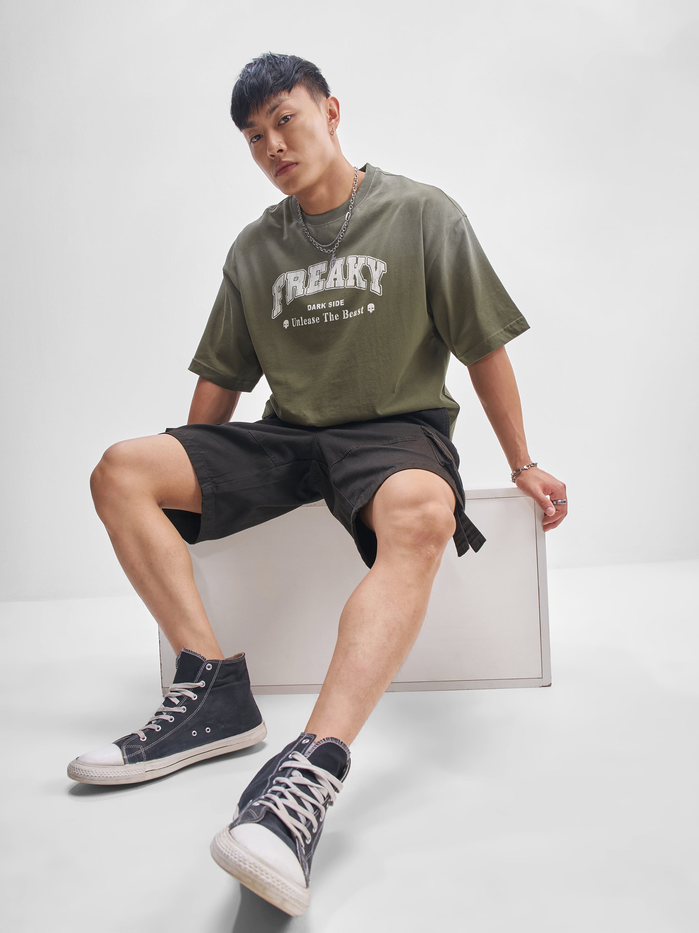 Highlander Men Olive Printed Round Neck Oversized Fit T-Shirt - Olive - Image 2