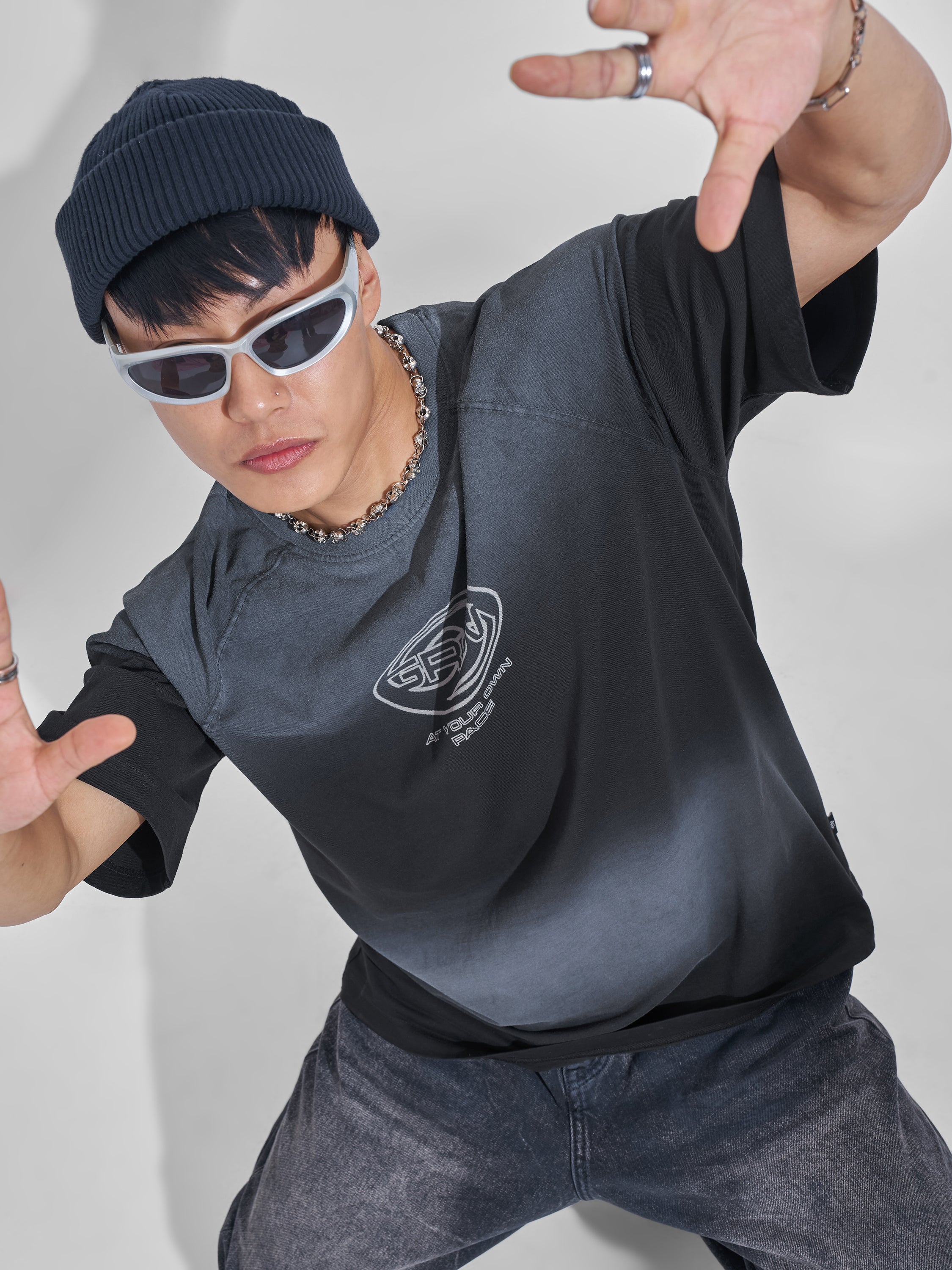 Highlander Men Black Printed Round Neck Oversized Fit T-Shirt - Black - Image 1