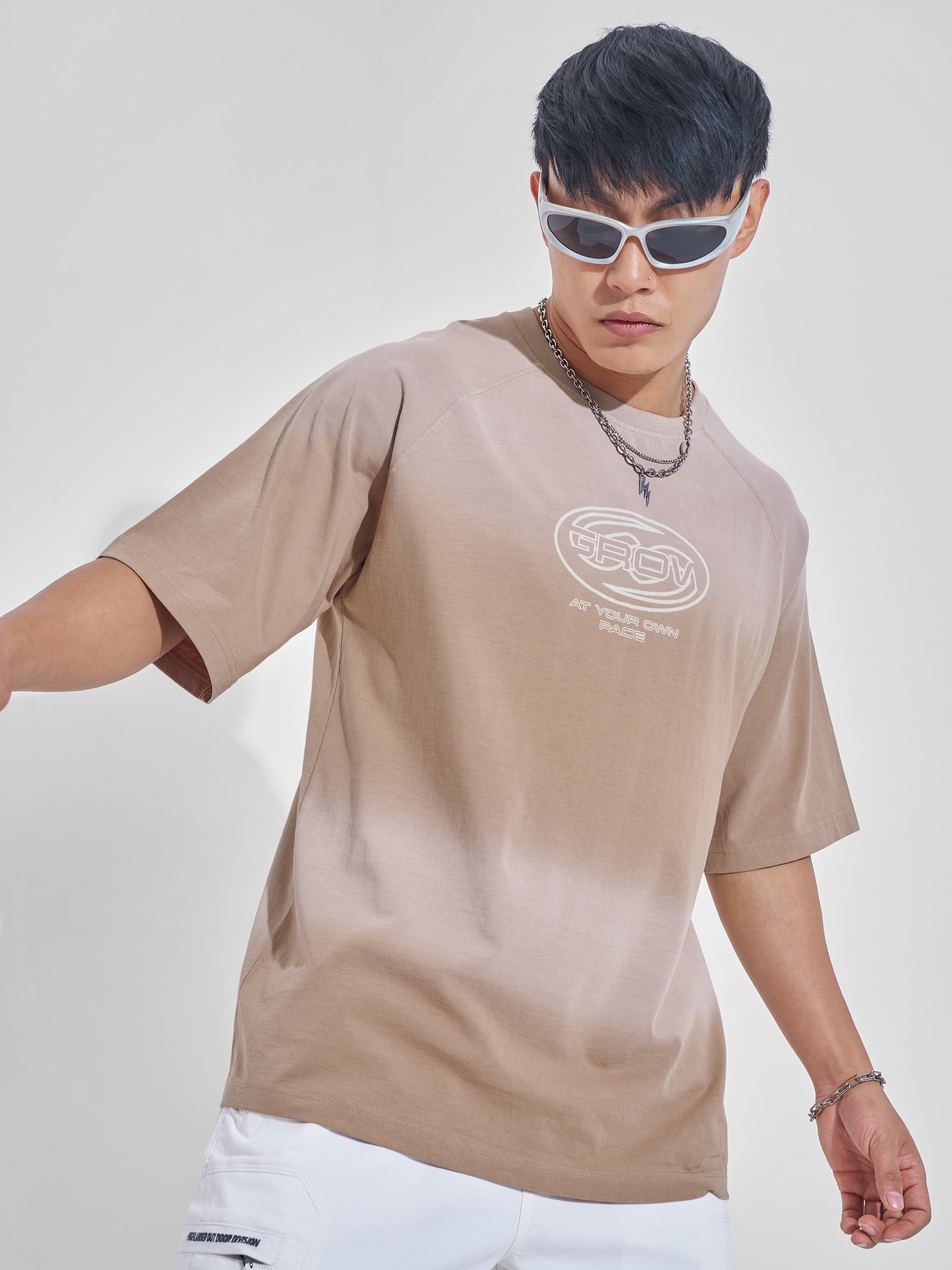 Highlander Men Tan Printed Round Neck Oversized Fit T-Shirt - Tan - Image 1