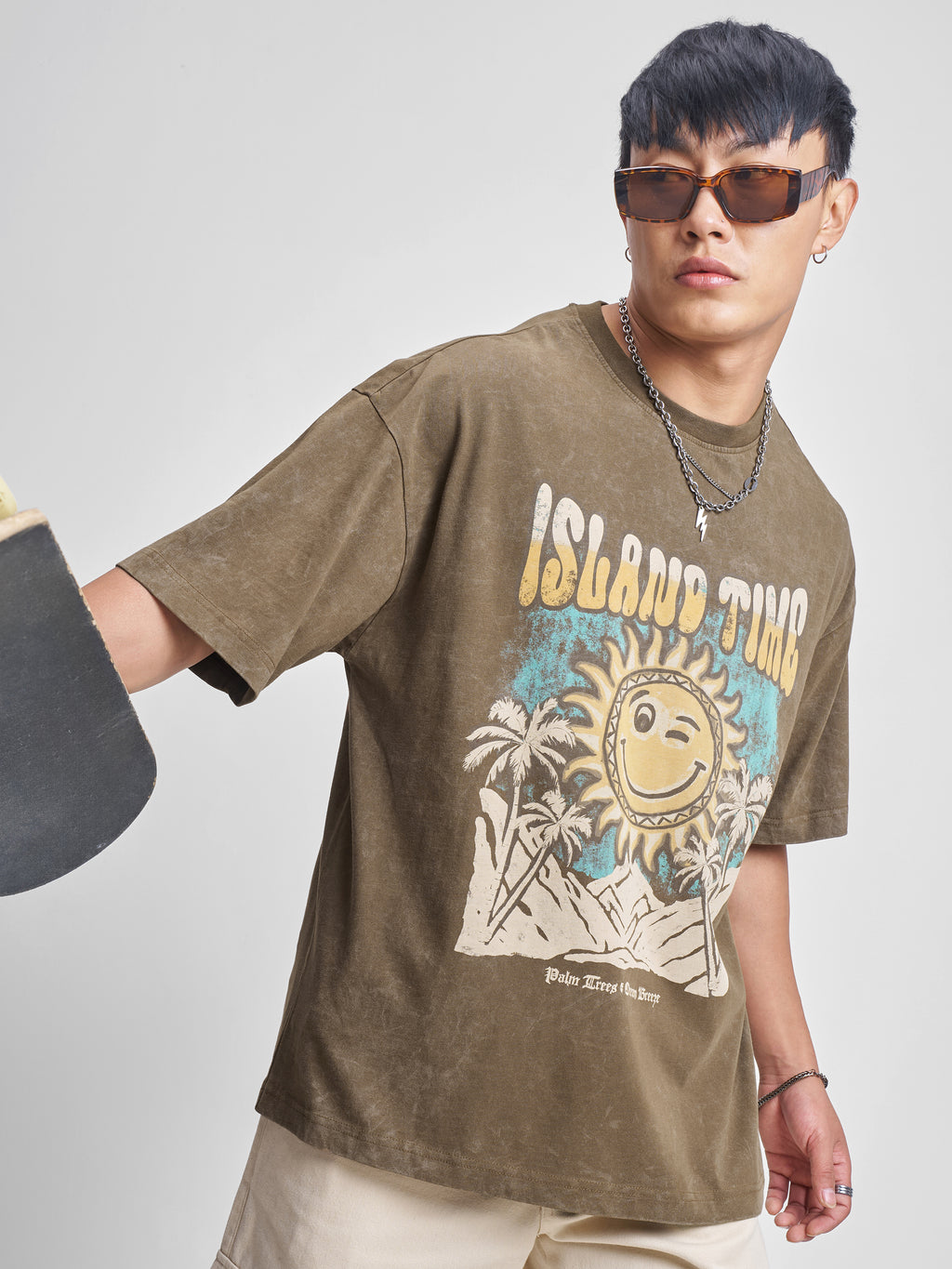 Highlander Men Khaki Printed Round Neck Oversized Fit T-Shirt - Khaki - Image 1