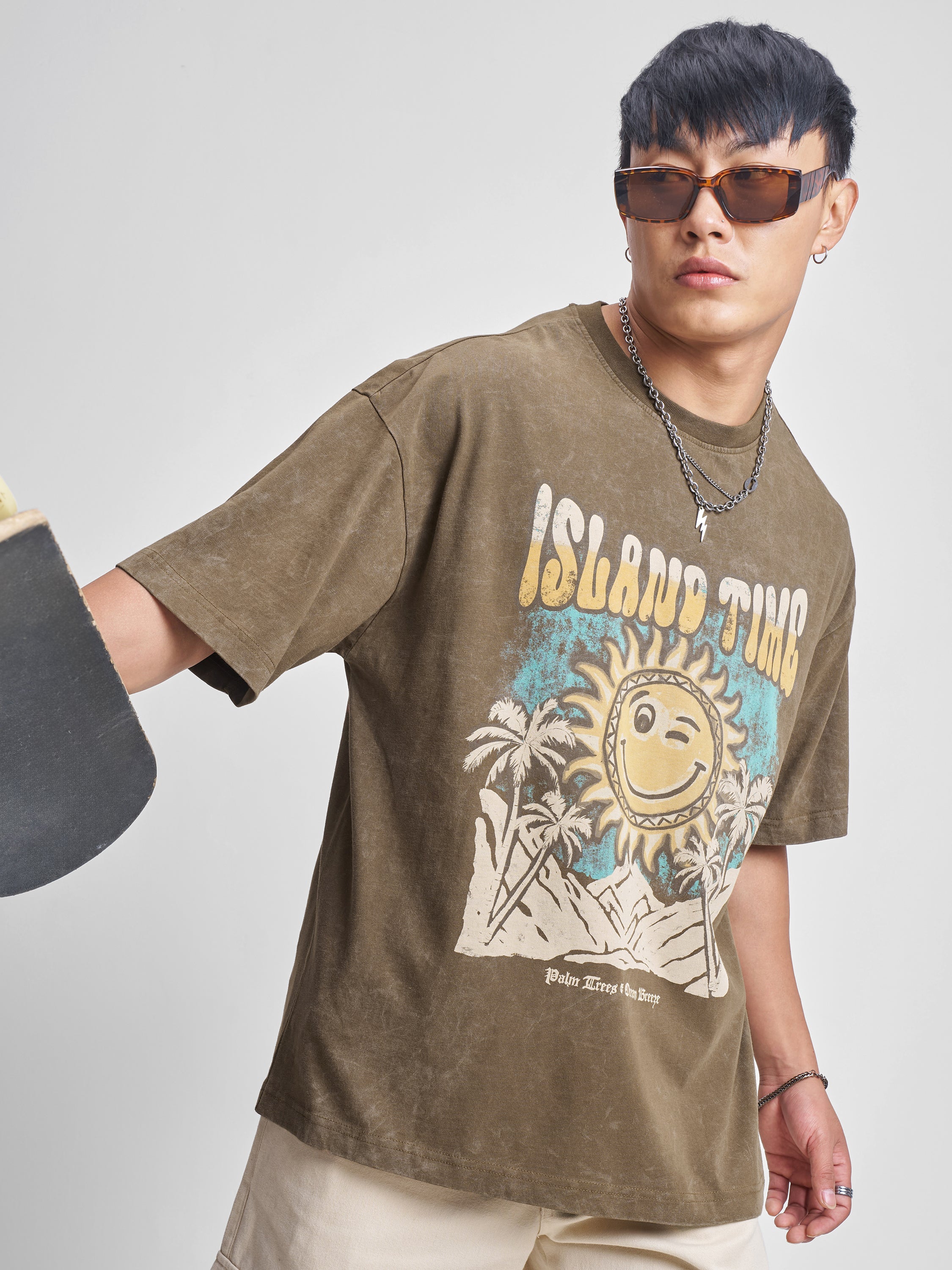 Highlander Men Khaki Printed Round Neck Oversized Fit T-Shirt - Khaki - Image 1