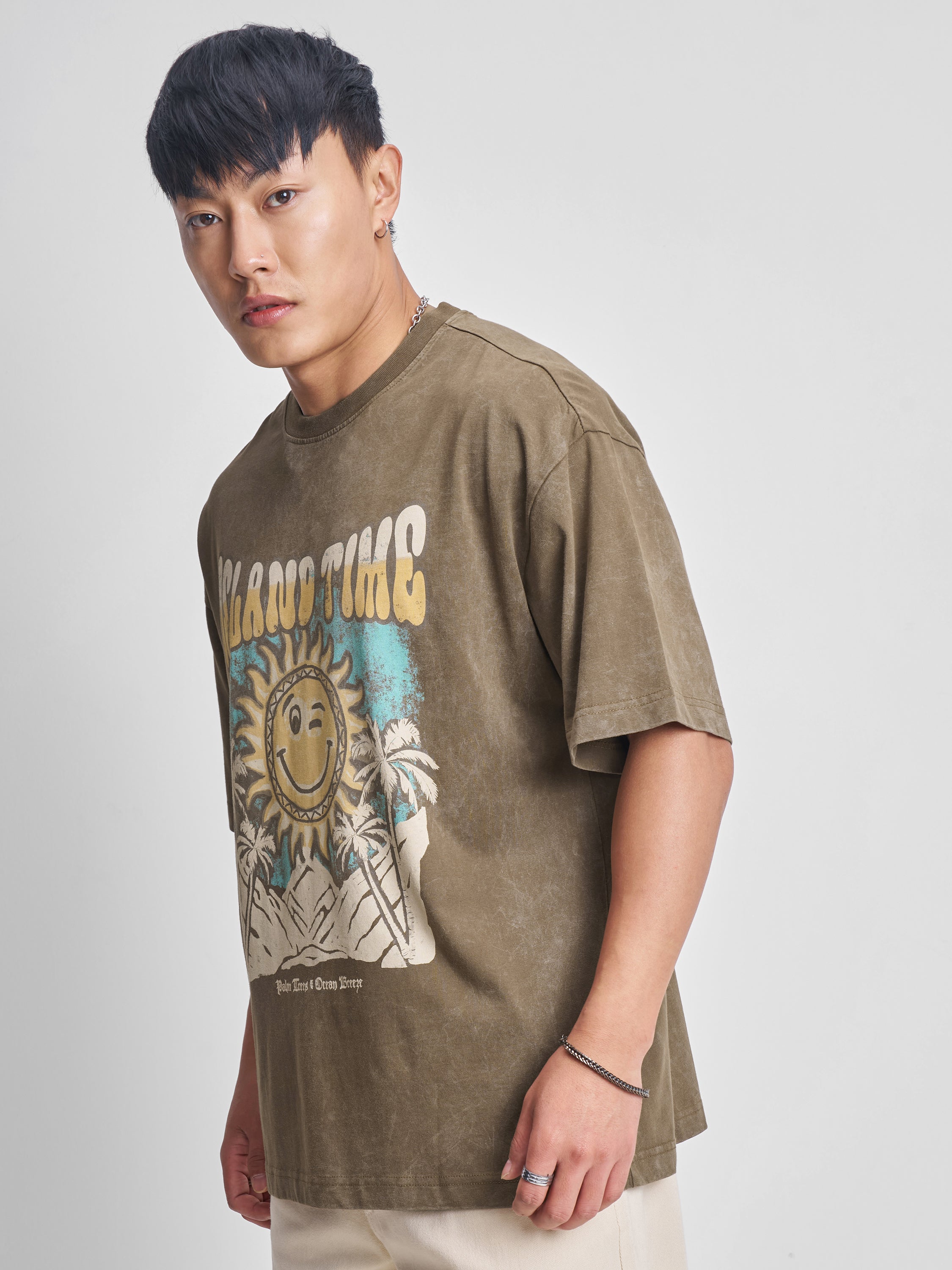 Highlander Men Khaki Printed Round Neck Oversized Fit T-Shirt - Khaki - Image 4