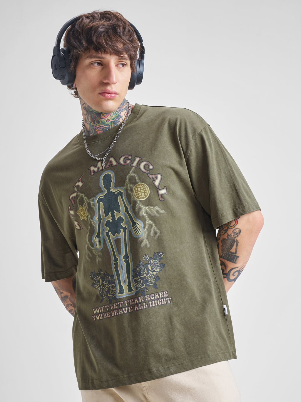 Highlander Men Olive Printed Round Neck Oversized Fit T-Shirt - Olive - Image 1