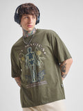 Highlander Men Olive Printed Round Neck Oversized Fit T-Shirt - Olive - Image 1