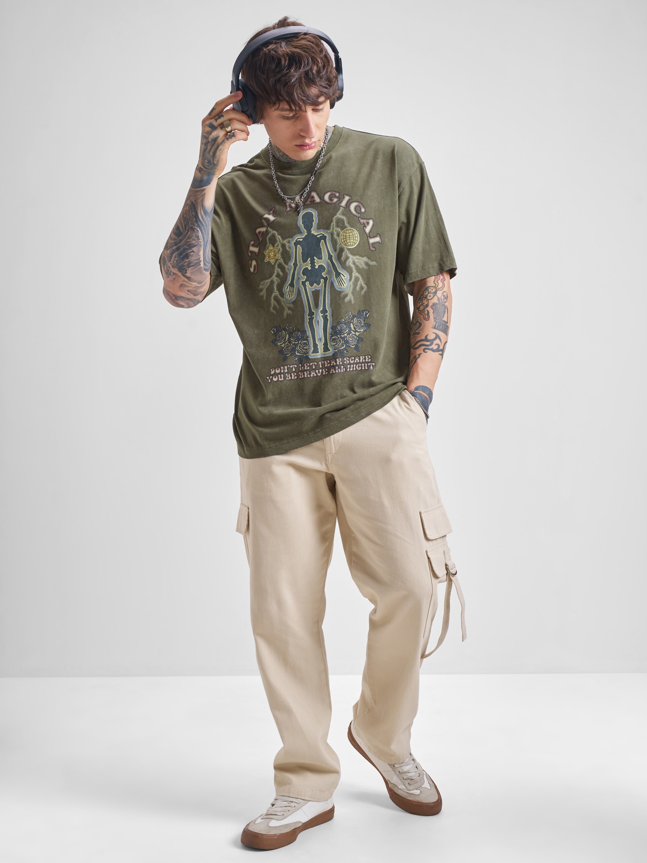 Highlander Men Olive Printed Round Neck Oversized Fit T-Shirt - Olive - Image 2