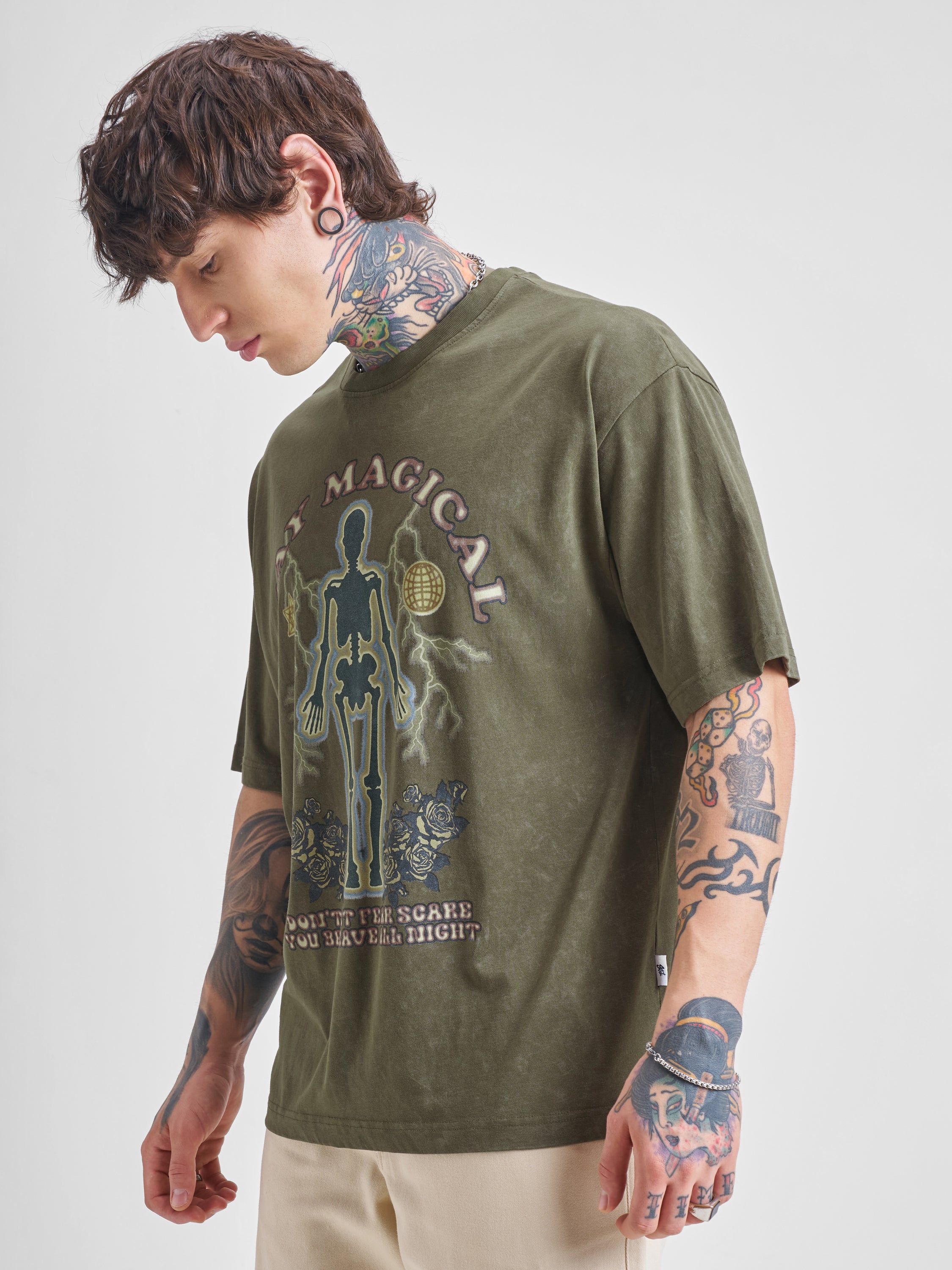 Highlander Men Olive Printed Round Neck Oversized Fit T-Shirt - Olive - Image 4