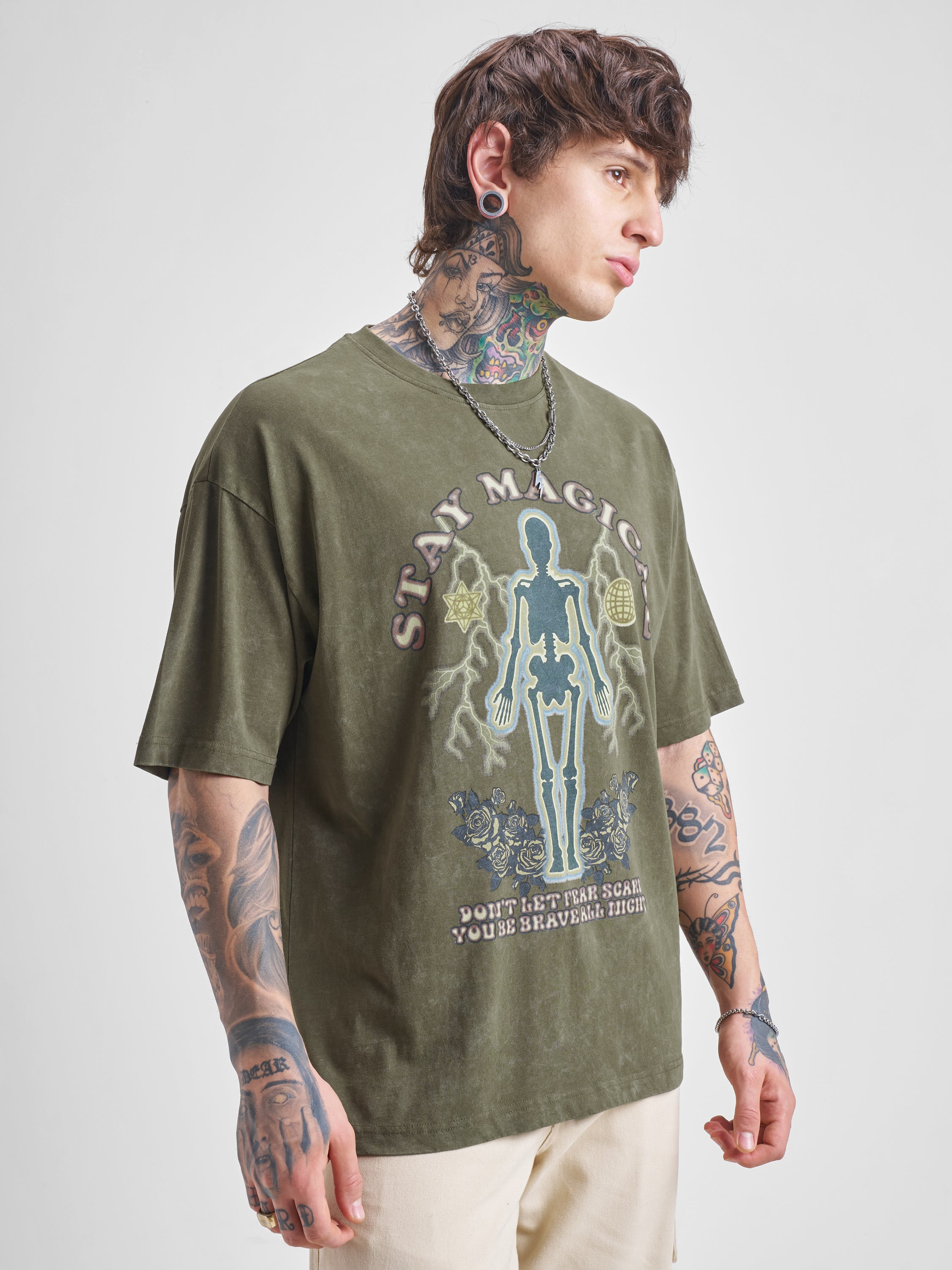 Highlander Men Olive Printed Round Neck Oversized Fit T-Shirt - Olive - Image 6