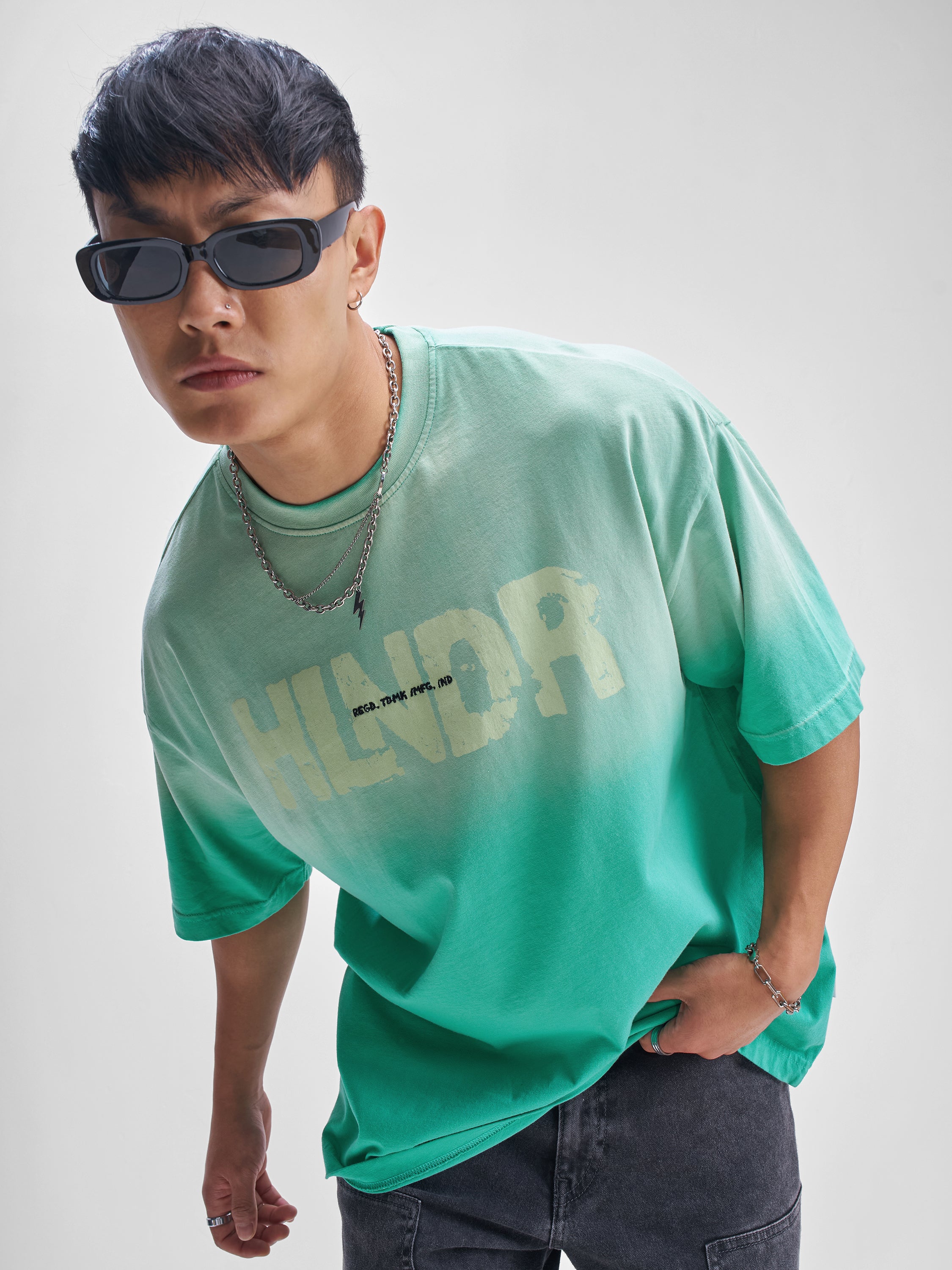 Highlander Men Turquoise Printed Round Neck Oversized Fit T-Shirt - Turquoise - Image 1