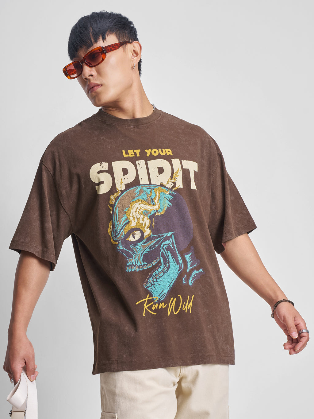 Highlander Men Brown Printed Round Neck Oversized Fit T-Shirt - Brown - Image 1