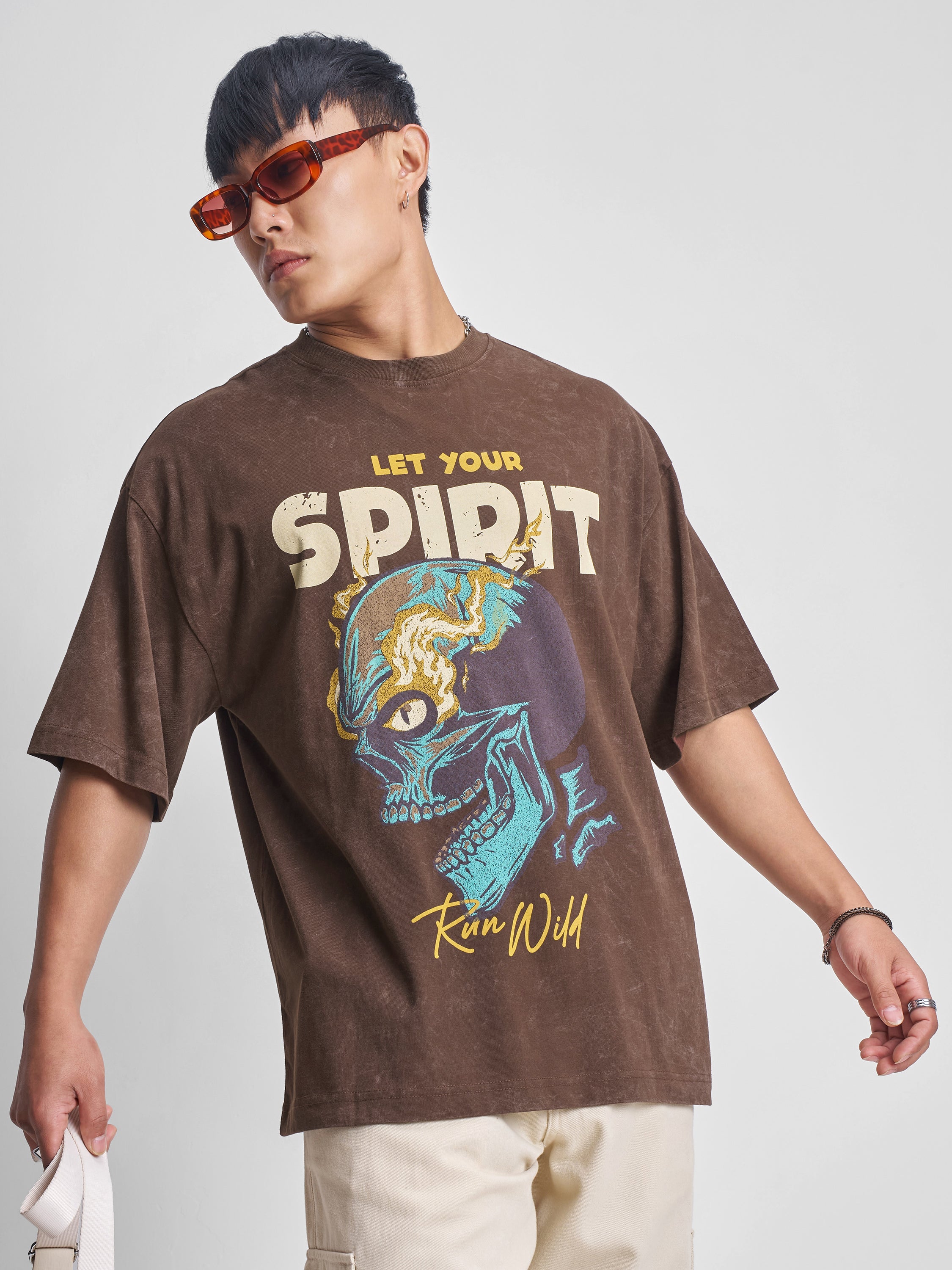 Highlander Men Brown Printed Round Neck Oversized Fit T-Shirt - Brown - Image 1