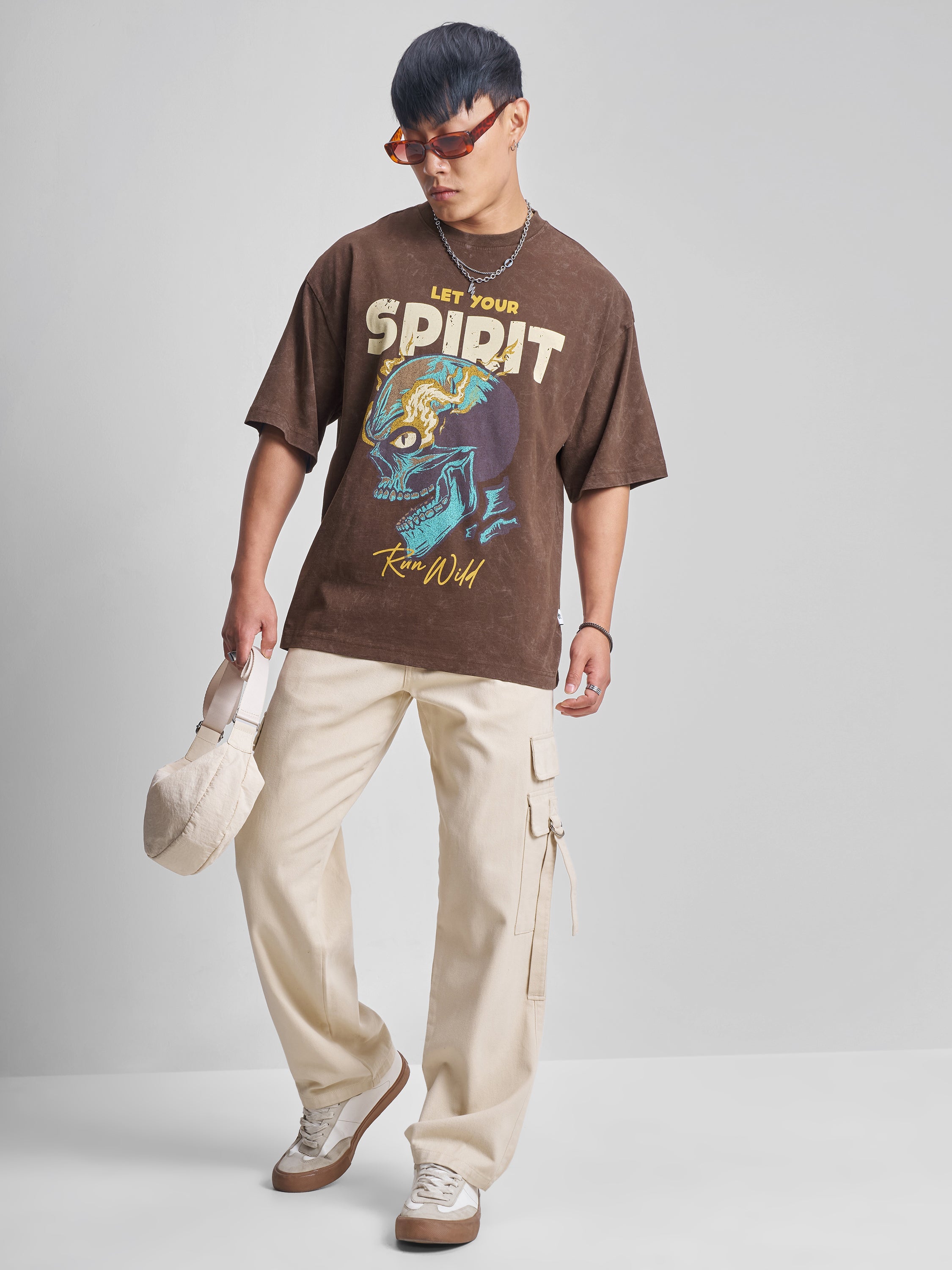 Highlander Men Brown Printed Round Neck Oversized Fit T-Shirt - Brown - Image 2