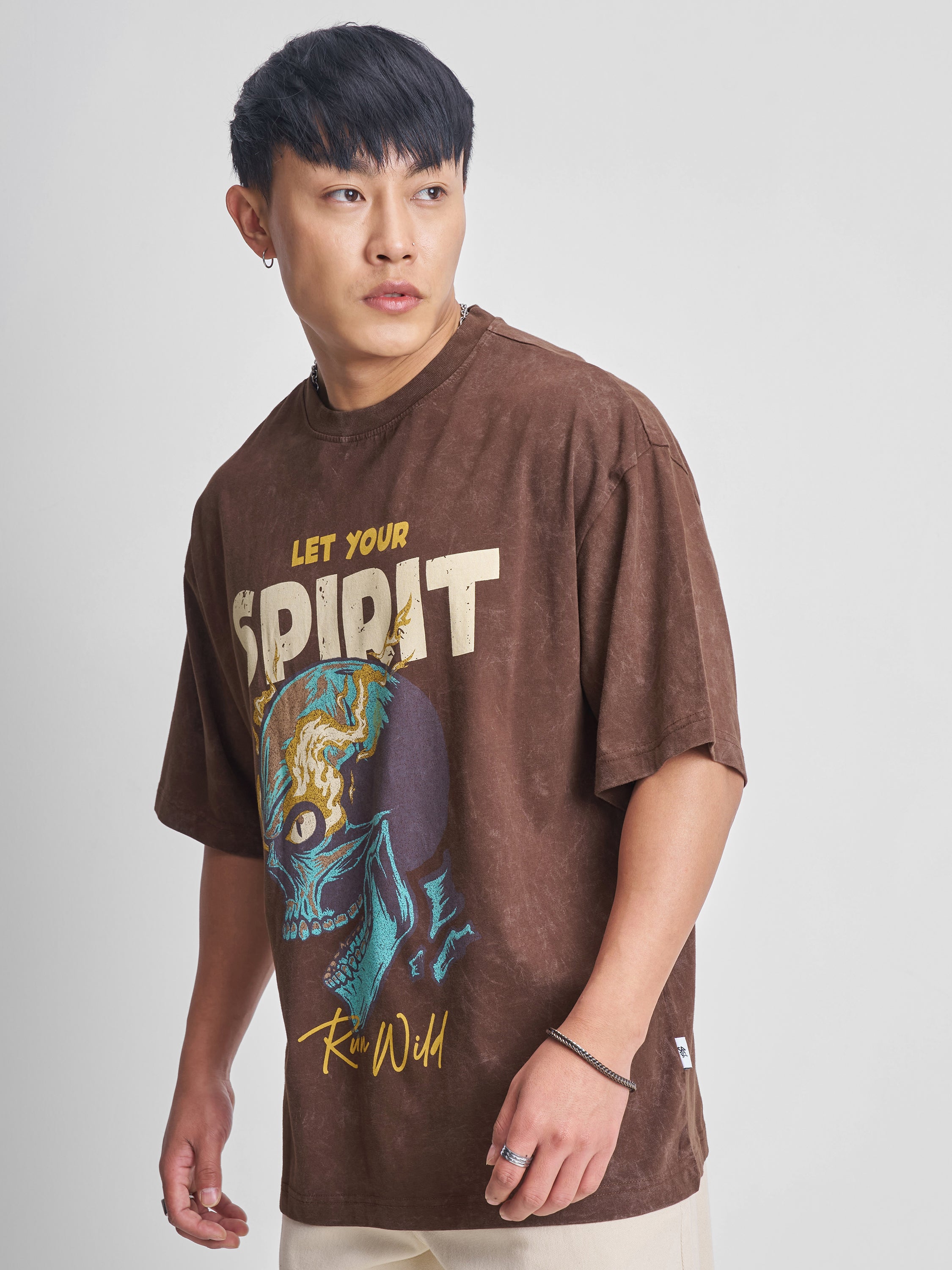 Highlander Men Brown Printed Round Neck Oversized Fit T-Shirt - Brown - Image 4