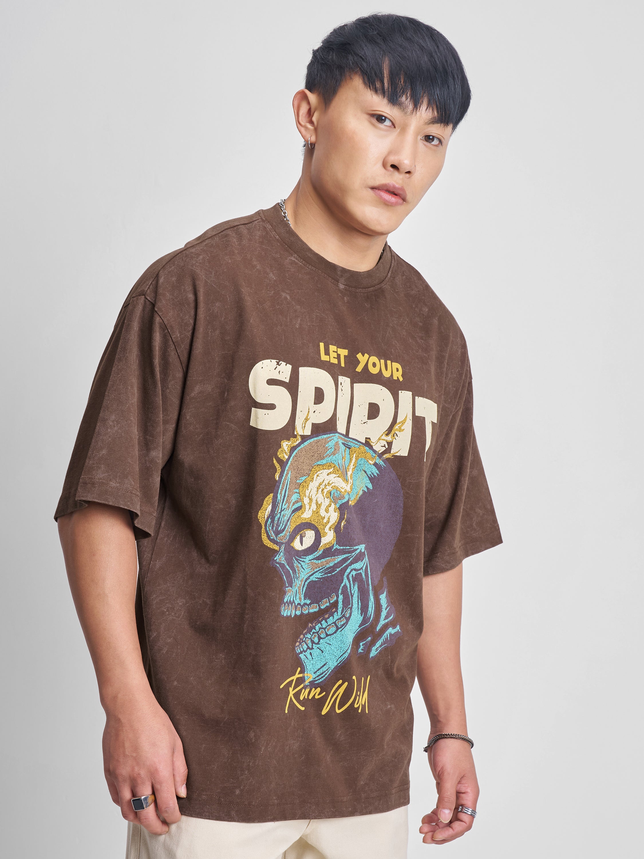 Highlander Men Brown Printed Round Neck Oversized Fit T-Shirt - Brown - Image 6