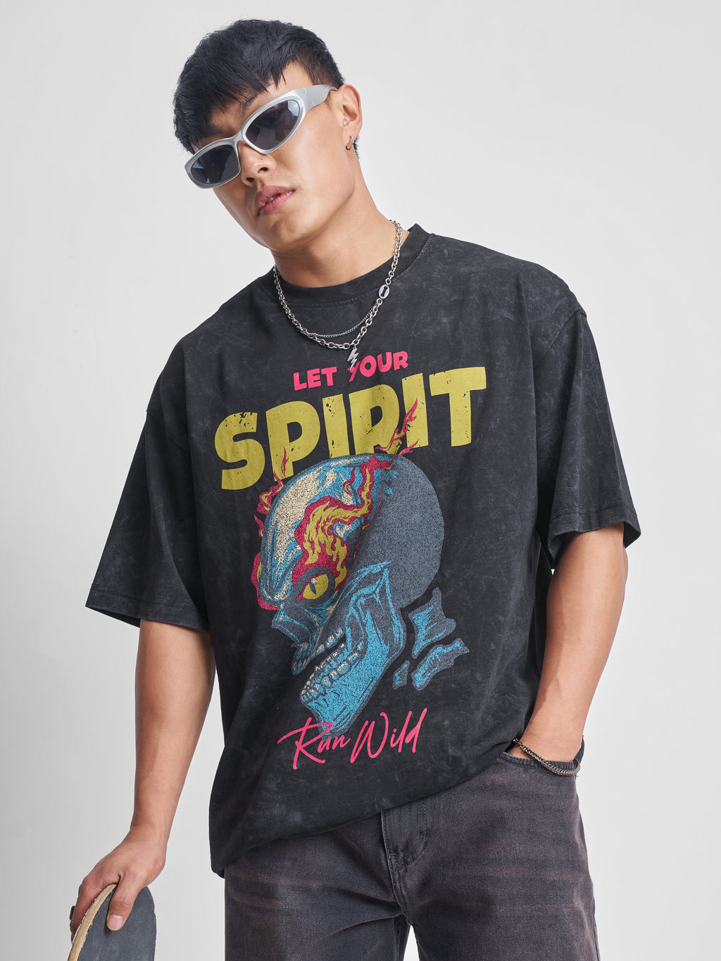 Highlander Men Black Printed Round Neck Oversized Fit T-Shirt - Black - Image 1
