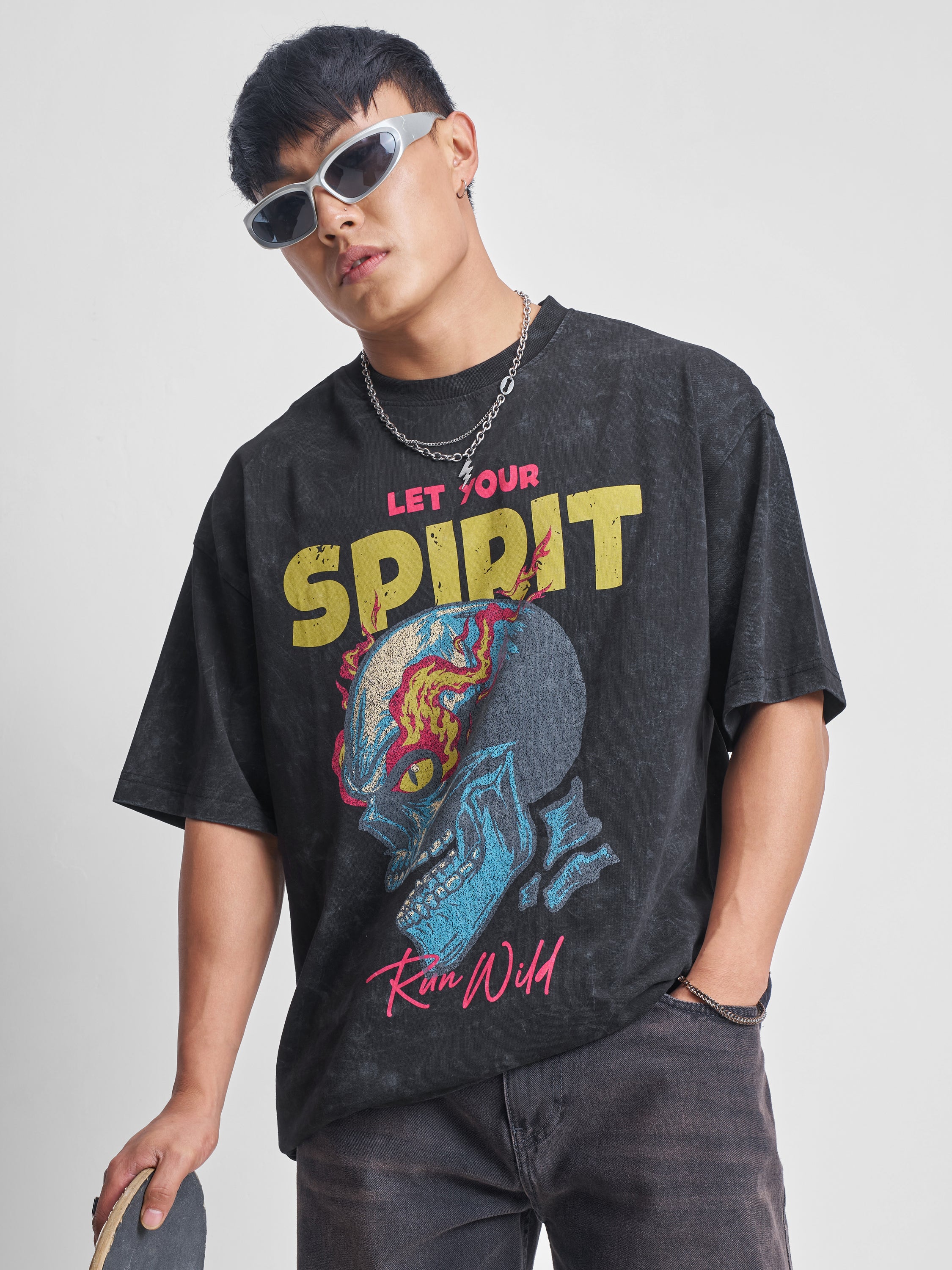 Highlander Men Black Printed Round Neck Oversized Fit T-Shirt - Black - Image 1