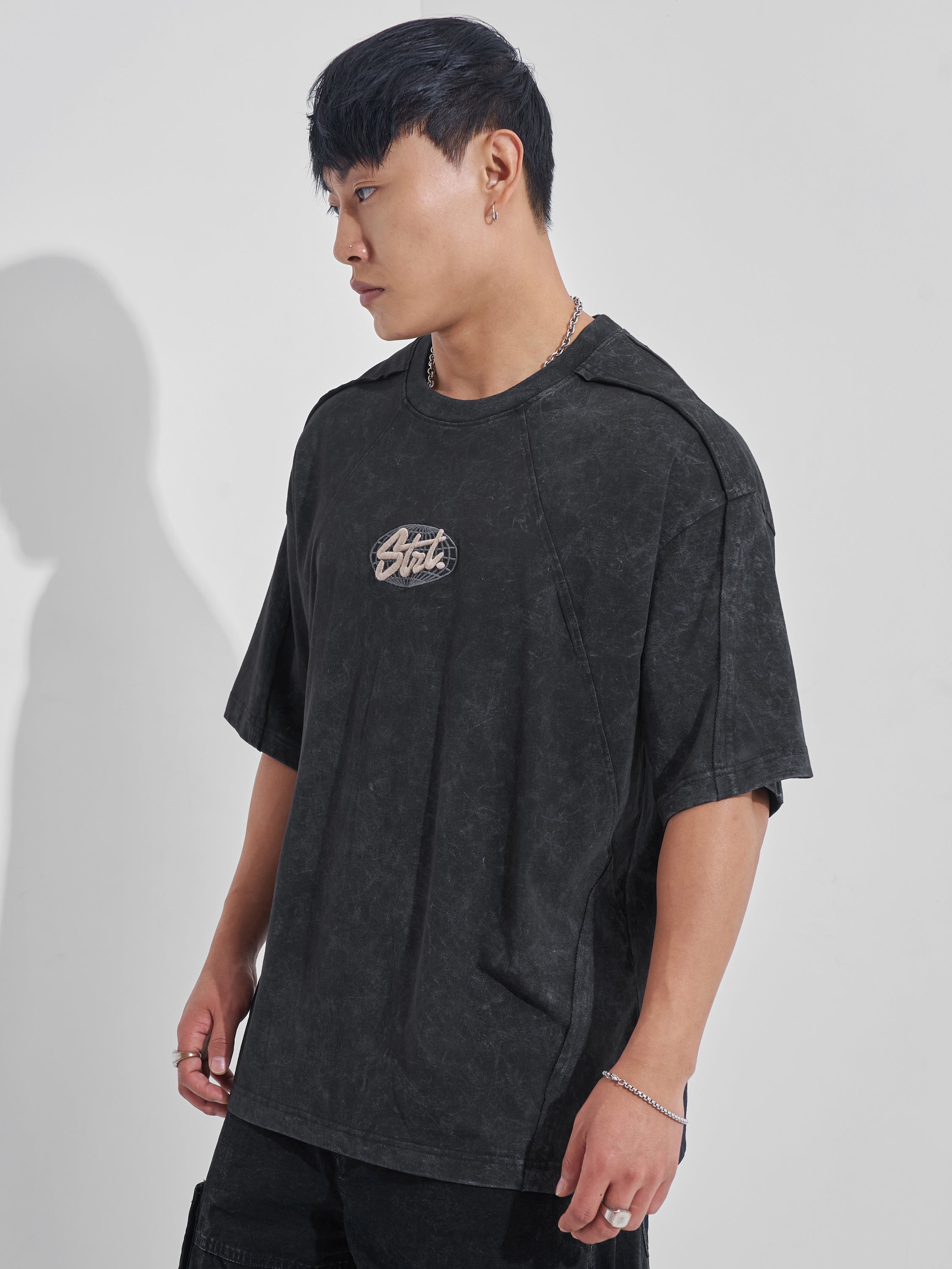 Highlander Men Black Embroidered Round Neck Oversized Fit T-Shirt - Black - Image 4