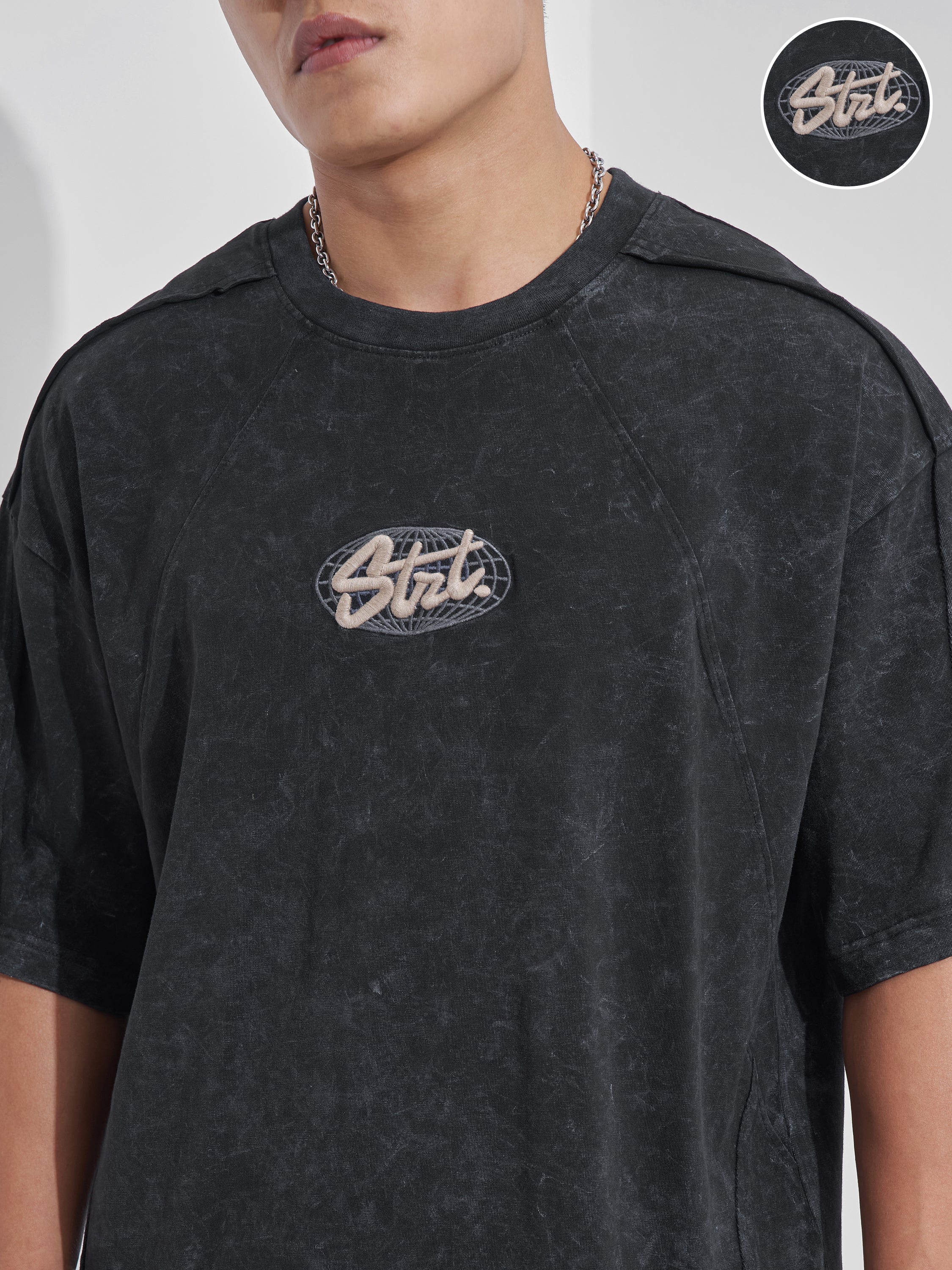 Highlander Men Black Embroidered Round Neck Oversized Fit T-Shirt - Black - Image 5