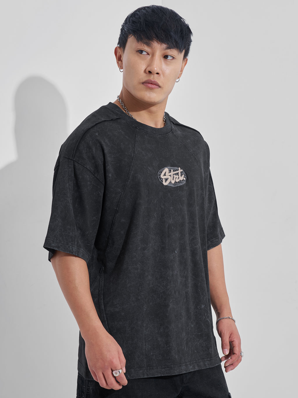 Highlander Men Black Embroidered Round Neck Oversized Fit T-Shirt - Black - Image 6