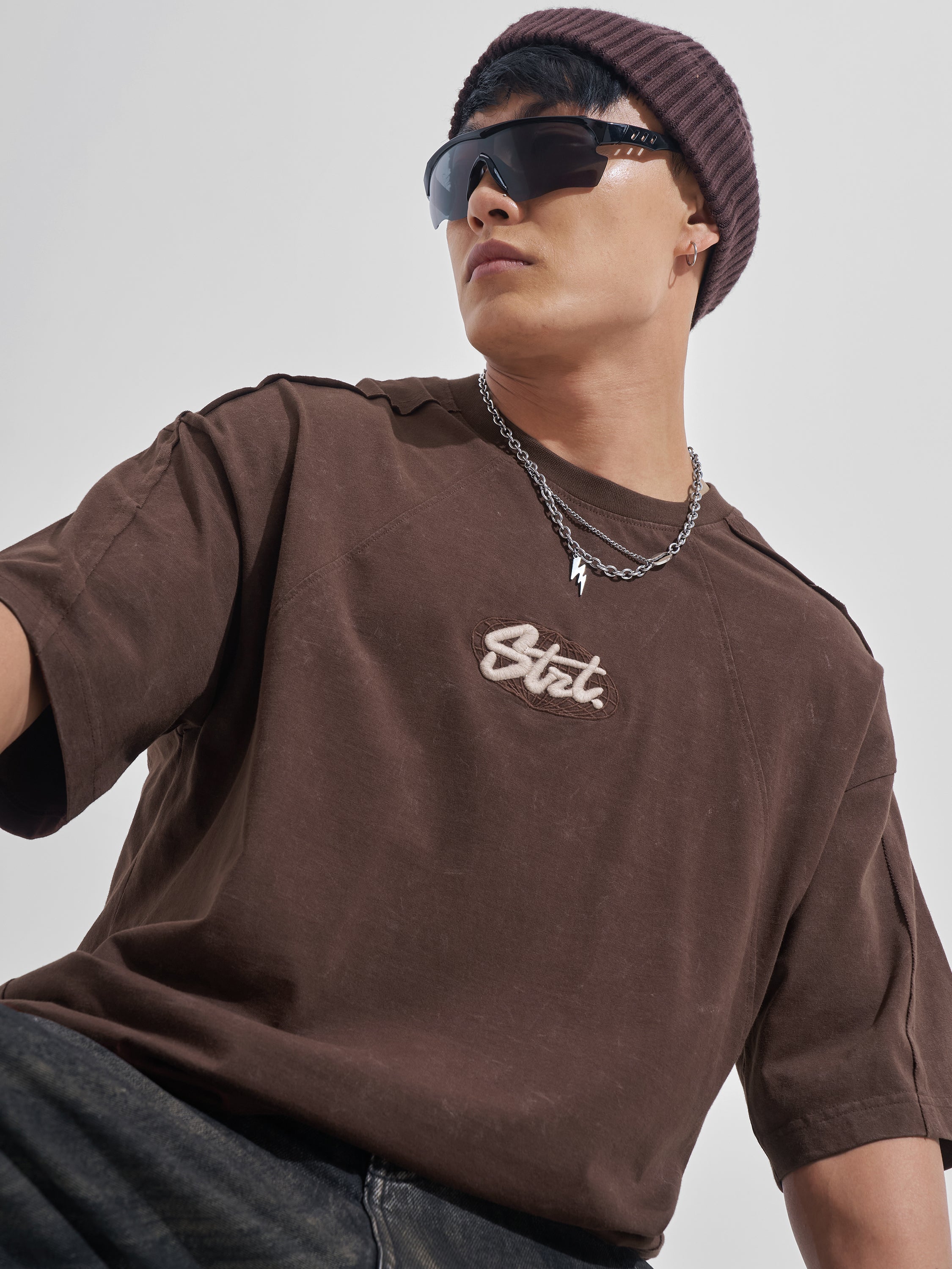 Highlander Men Brown Embroidered Round Neck Oversized Fit T-Shirt - Brown - Image 1
