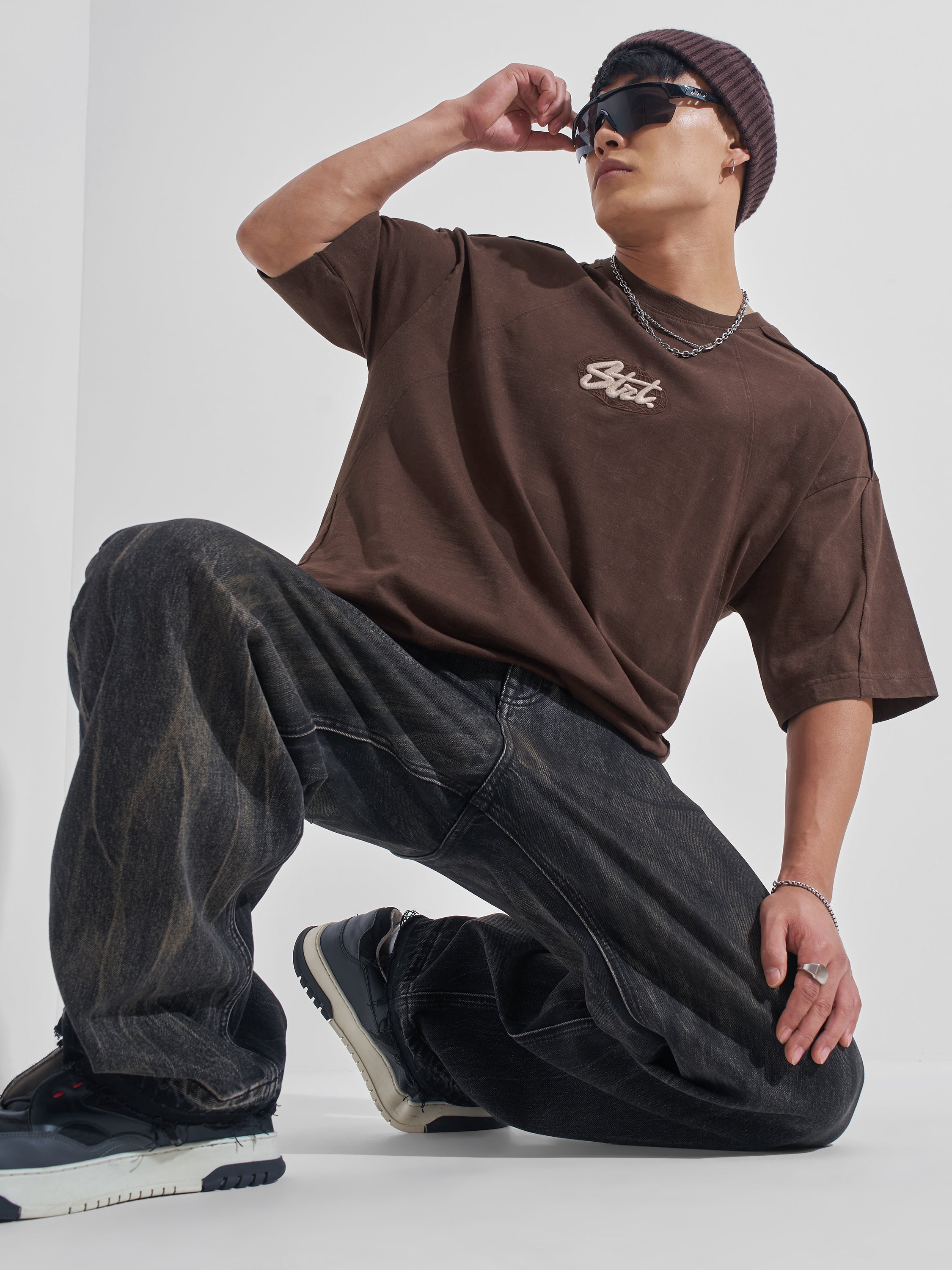 Highlander Men Brown Embroidered Round Neck Oversized Fit T-Shirt - Brown - Image 2