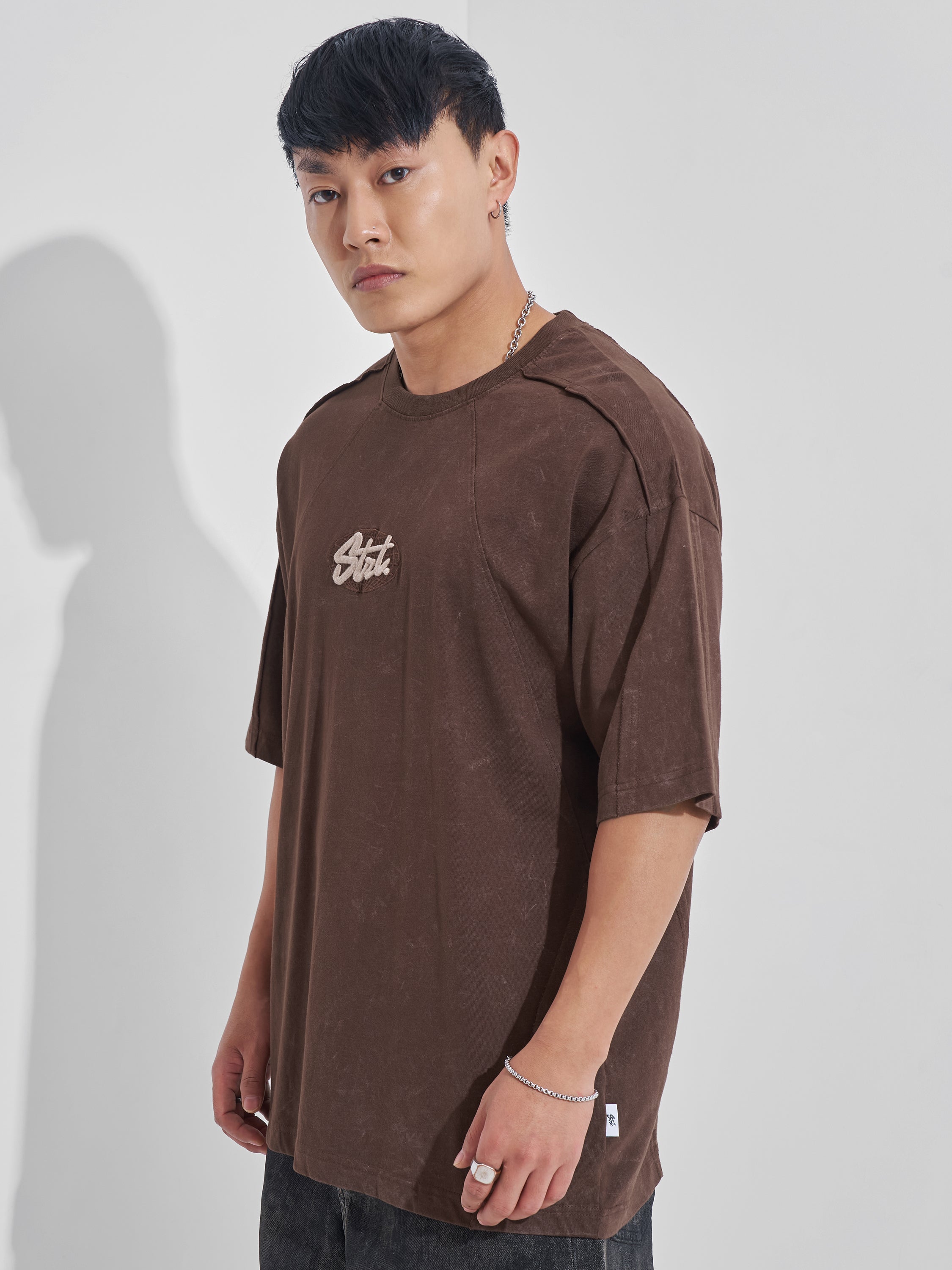 Highlander Men Brown Embroidered Round Neck Oversized Fit T-Shirt - Brown - Image 4