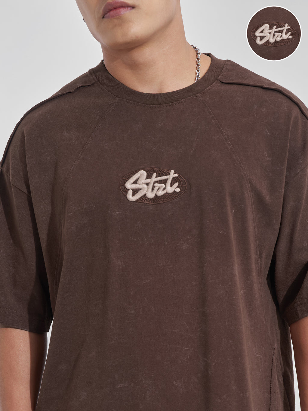Highlander Men Brown Embroidered Round Neck Oversized Fit T-Shirt - Brown - Image 5
