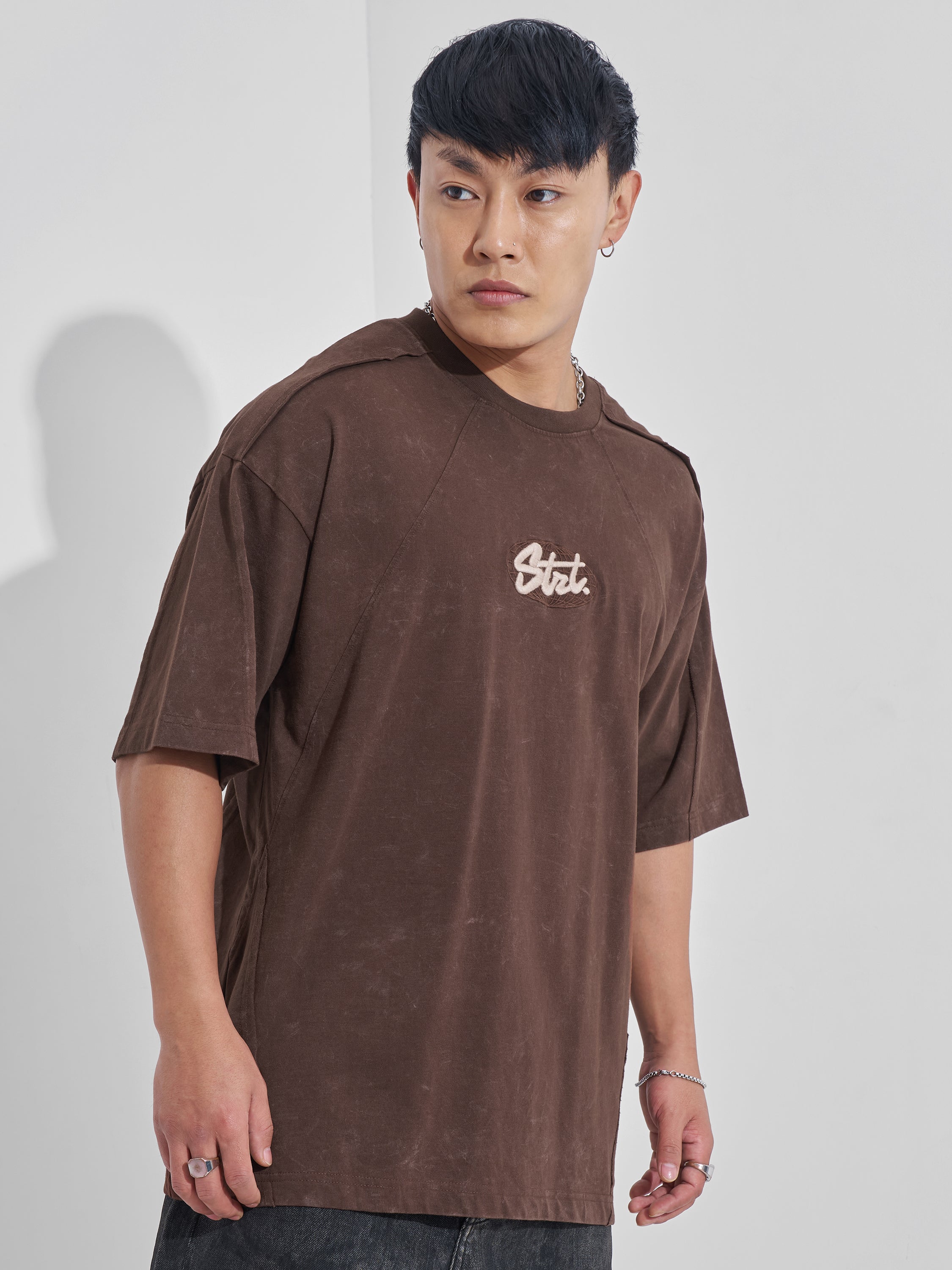Highlander Men Brown Embroidered Round Neck Oversized Fit T-Shirt - Brown - Image 6