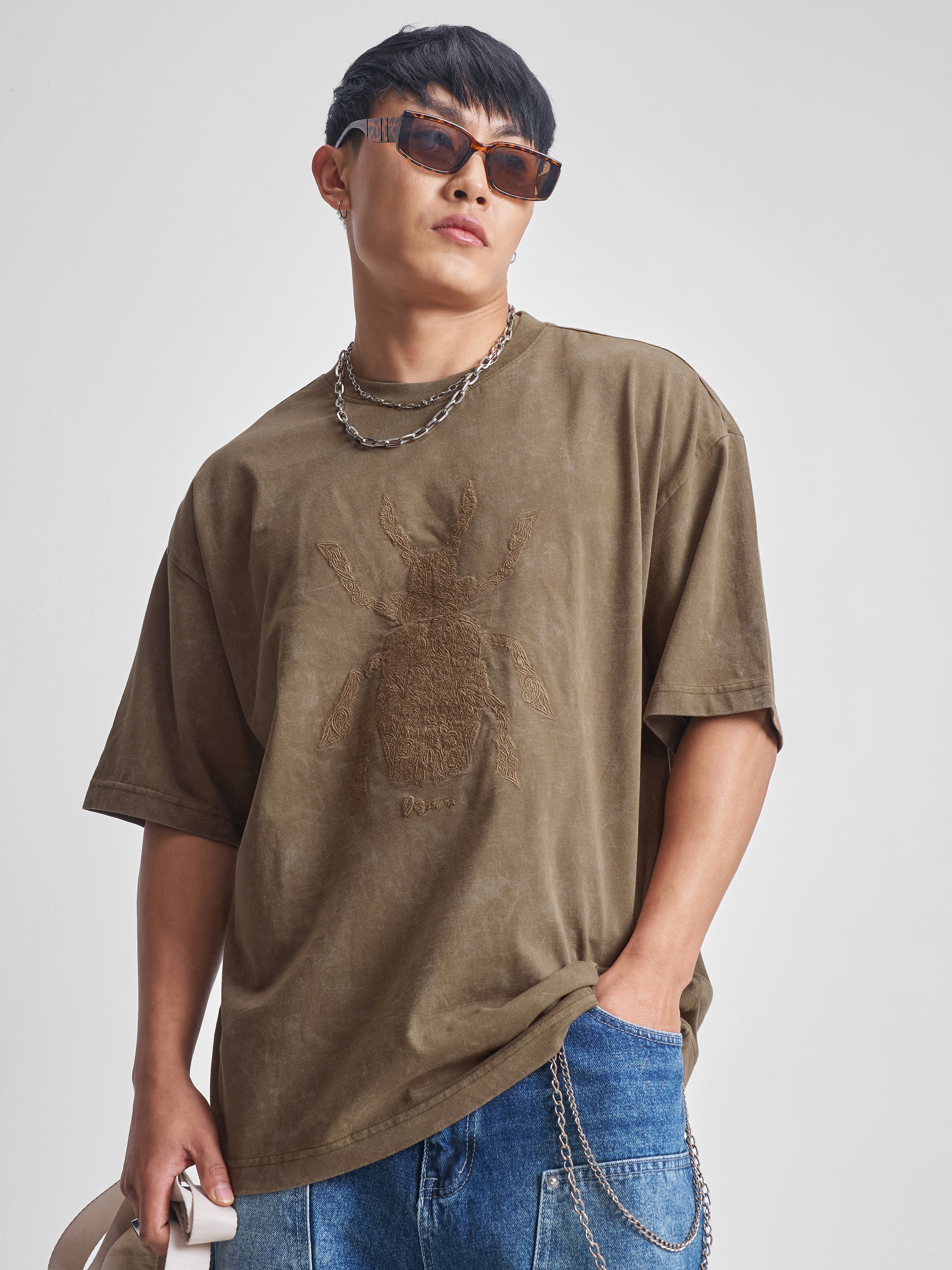 Highlander Men Khaki Self Design Round Neck Oversized Fit T-Shirt - Khaki - Image 1