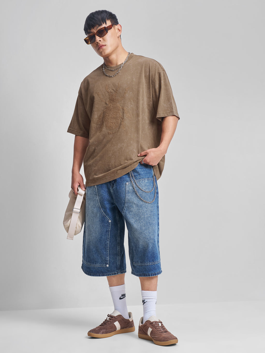 Highlander Men Khaki Self Design Round Neck Oversized Fit T-Shirt - Khaki - Image 2