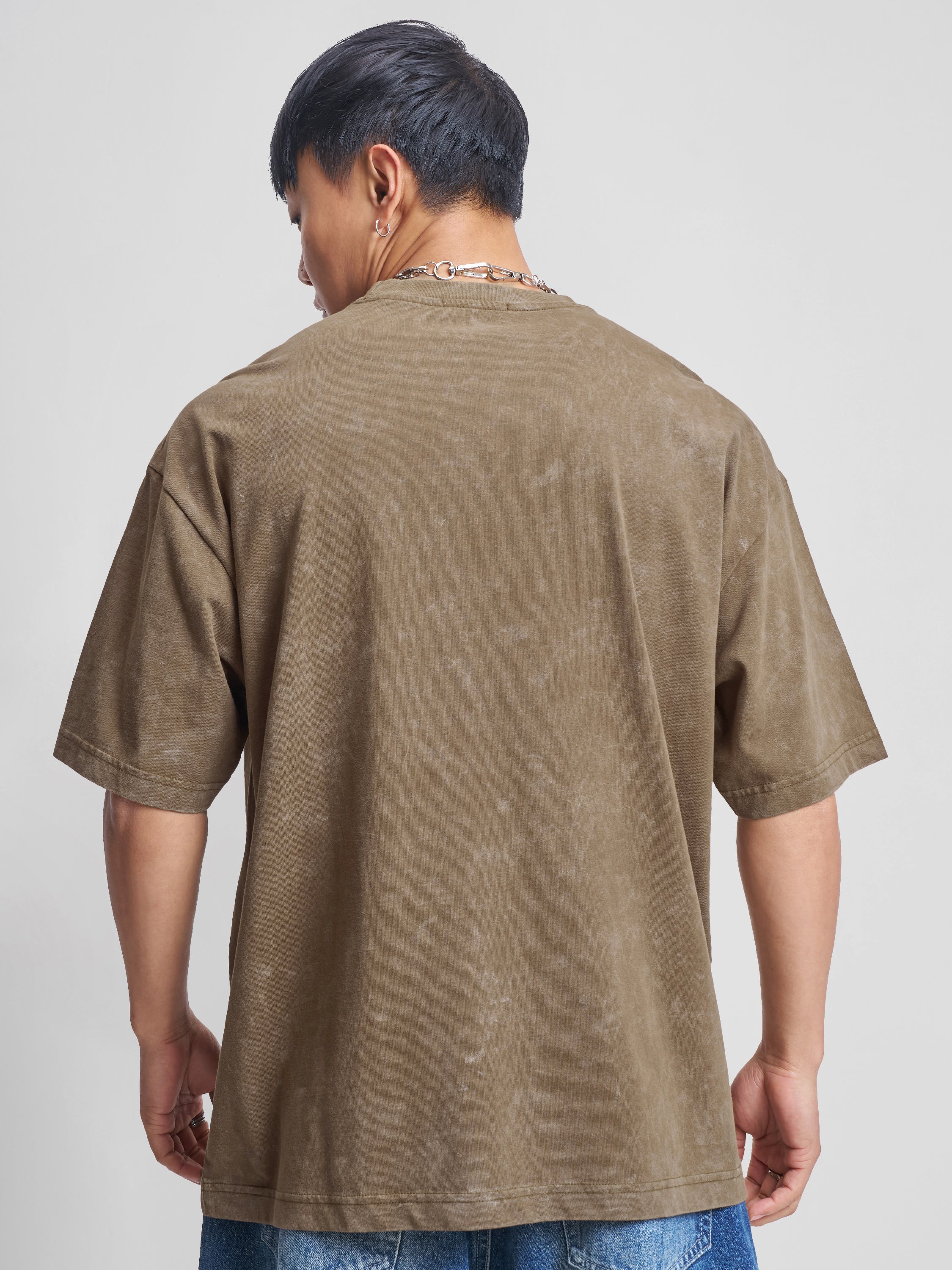 Highlander Men Khaki Self Design Round Neck Oversized Fit T-Shirt - Khaki - Image 3