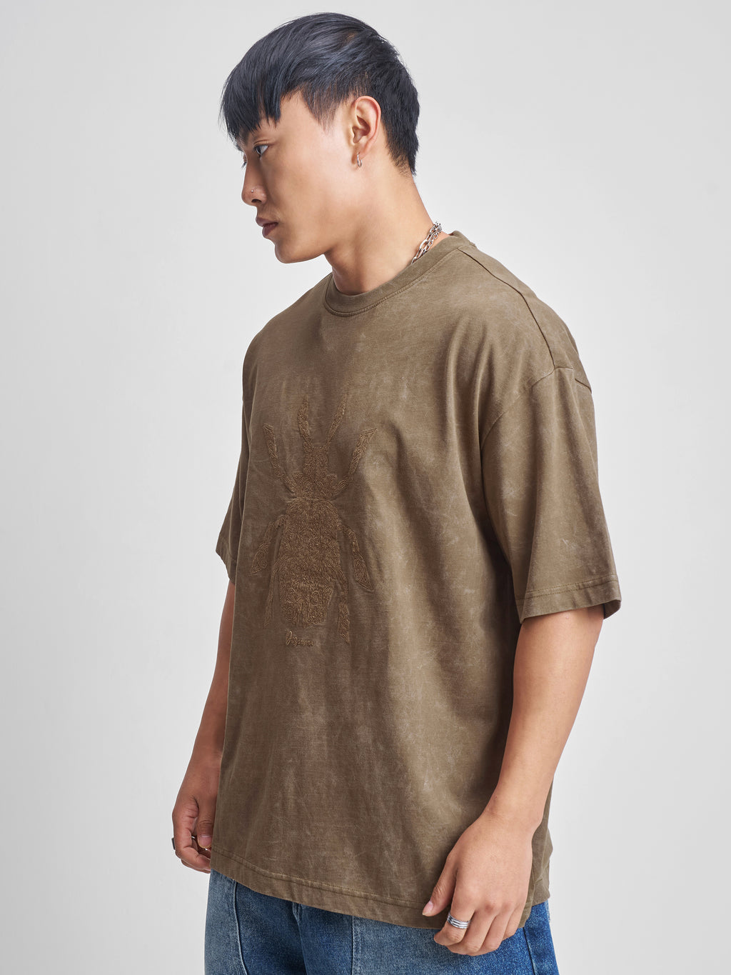 Highlander Men Khaki Self Design Round Neck Oversized Fit T-Shirt - Khaki - Image 4
