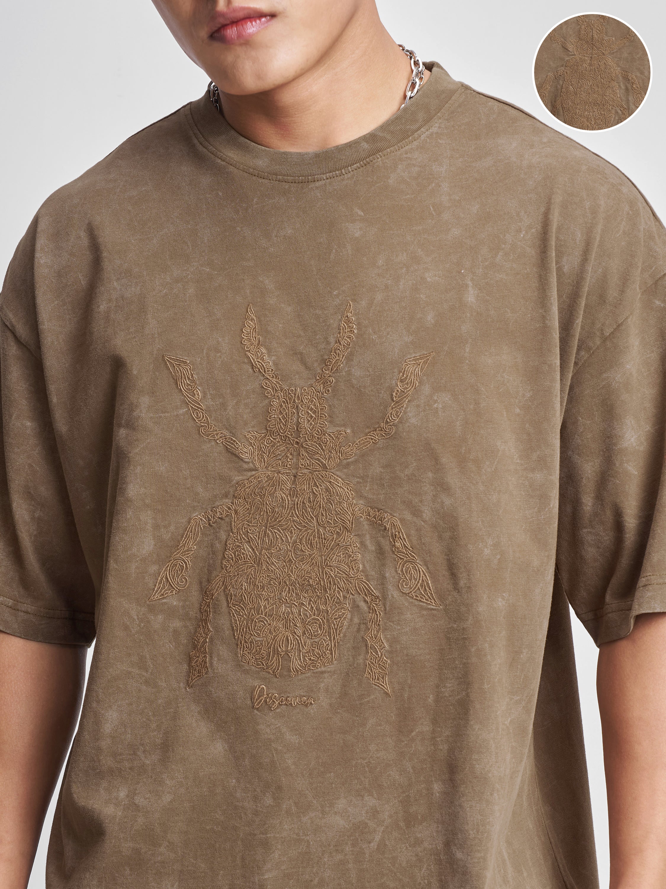 Highlander Men Khaki Self Design Round Neck Oversized Fit T-Shirt - Khaki - Image 5
