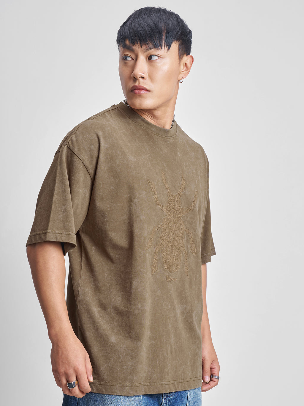 Highlander Men Khaki Self Design Round Neck Oversized Fit T-Shirt - Khaki - Image 6