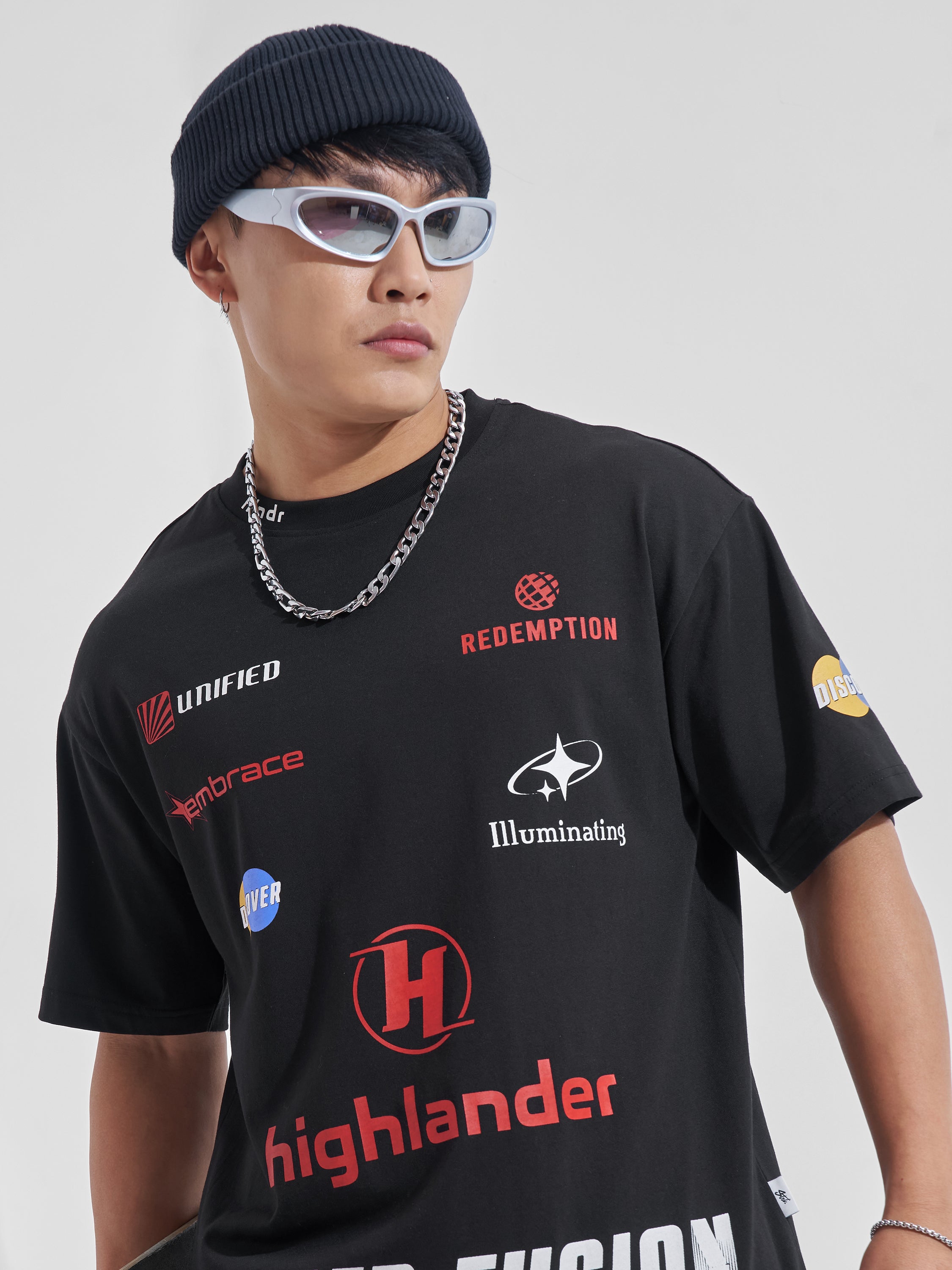 Highlander Men Black Printed Round Neck Oversized Fit T-Shirt - Black - Image 1