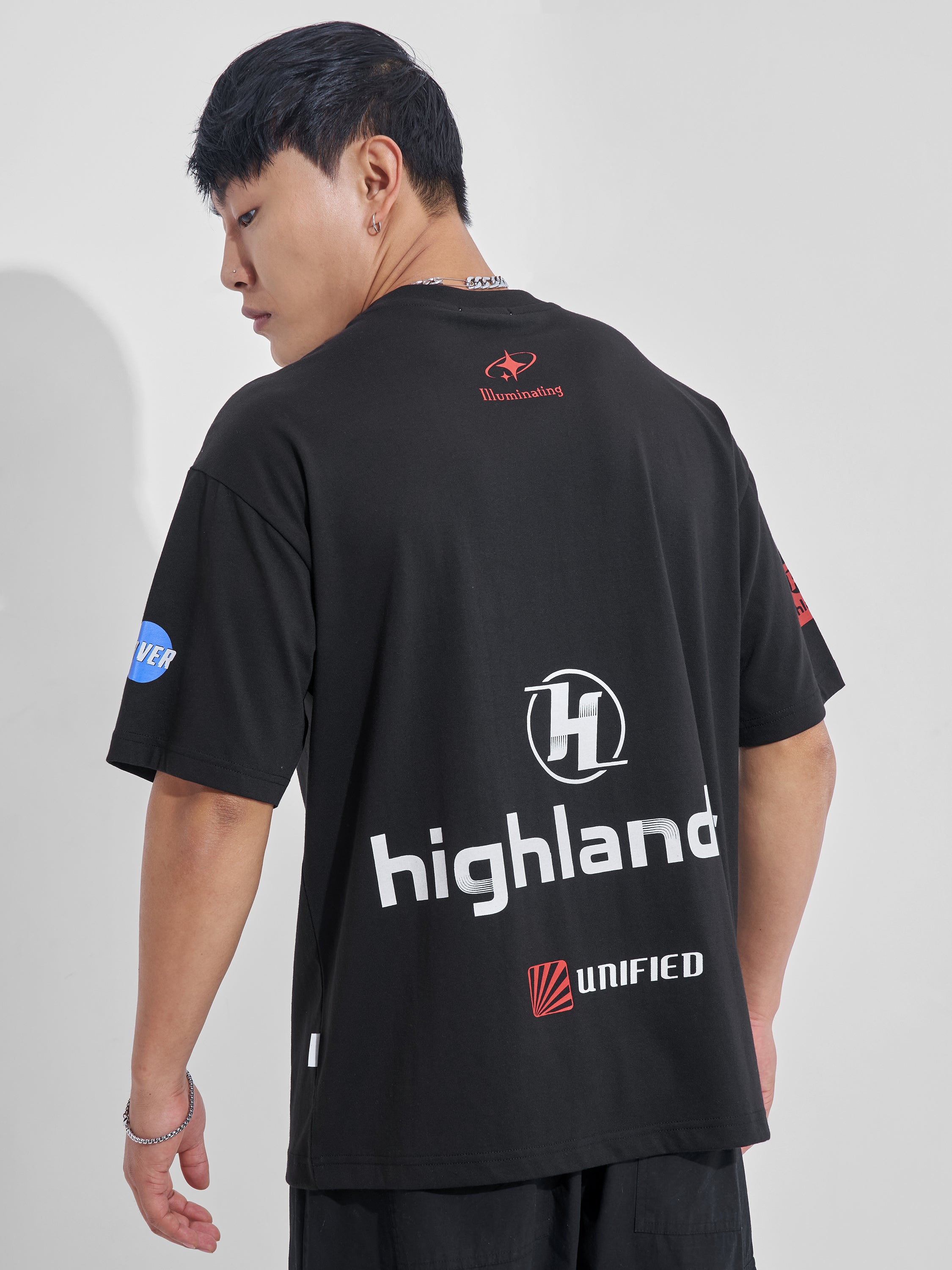 Highlander Men Black Printed Round Neck Oversized Fit T-Shirt - Black - Image 3
