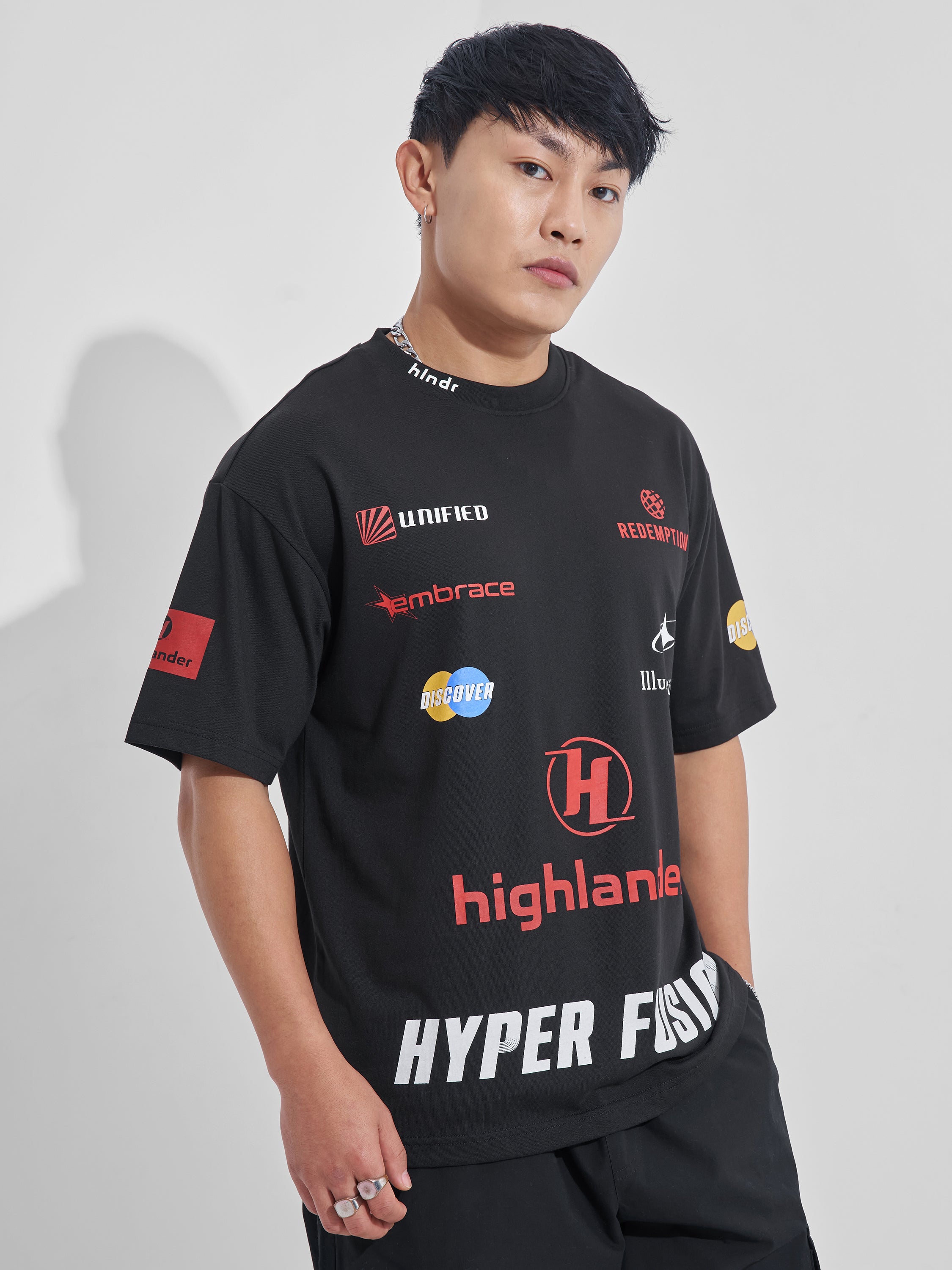 Highlander Men Black Printed Round Neck Oversized Fit T-Shirt - Black - Image 6
