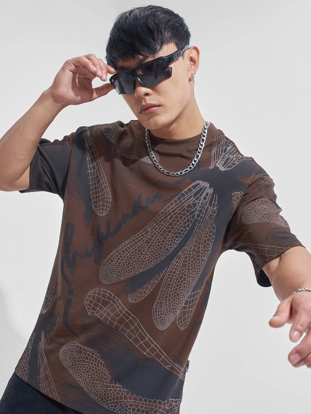 Highlander Men Brown Printed Round Neck Oversized Fit T-Shirt - Brown - Image 1