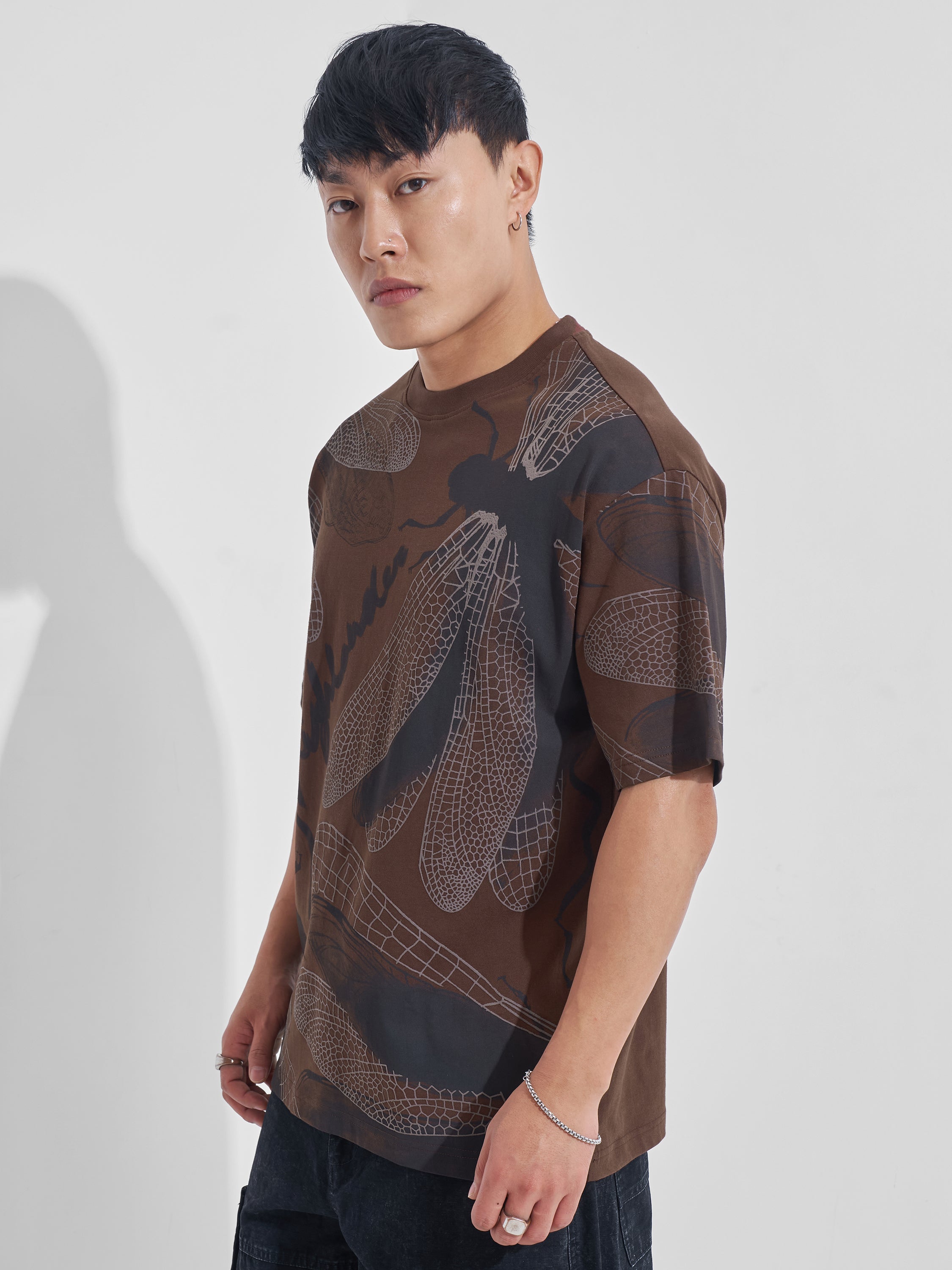 Highlander Men Brown Printed Round Neck Oversized Fit T-Shirt - Brown - Image 4