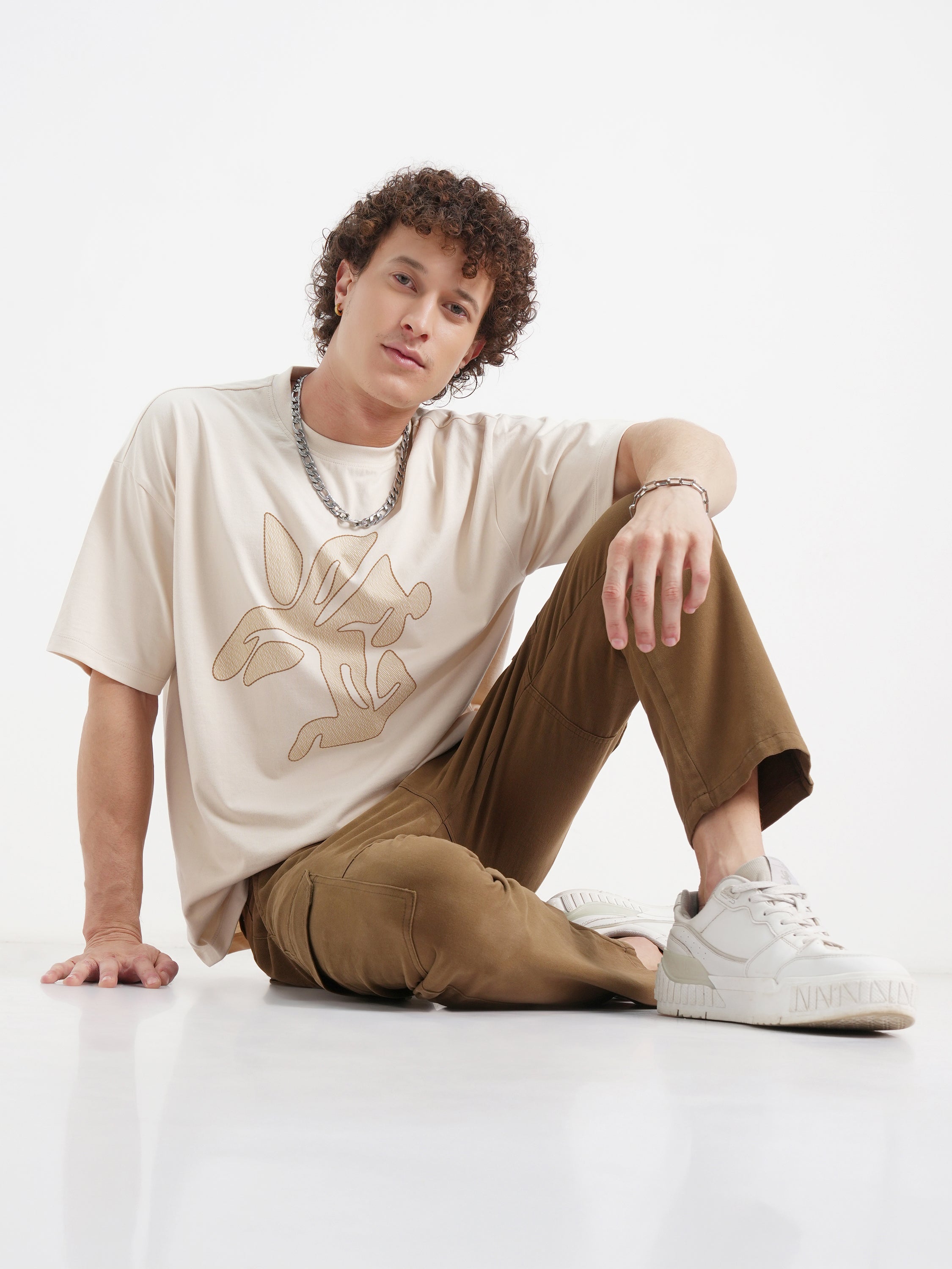 Highlander Men Cream Printed Round Neck Oversized Fit T-Shirt - Cream - Image 2