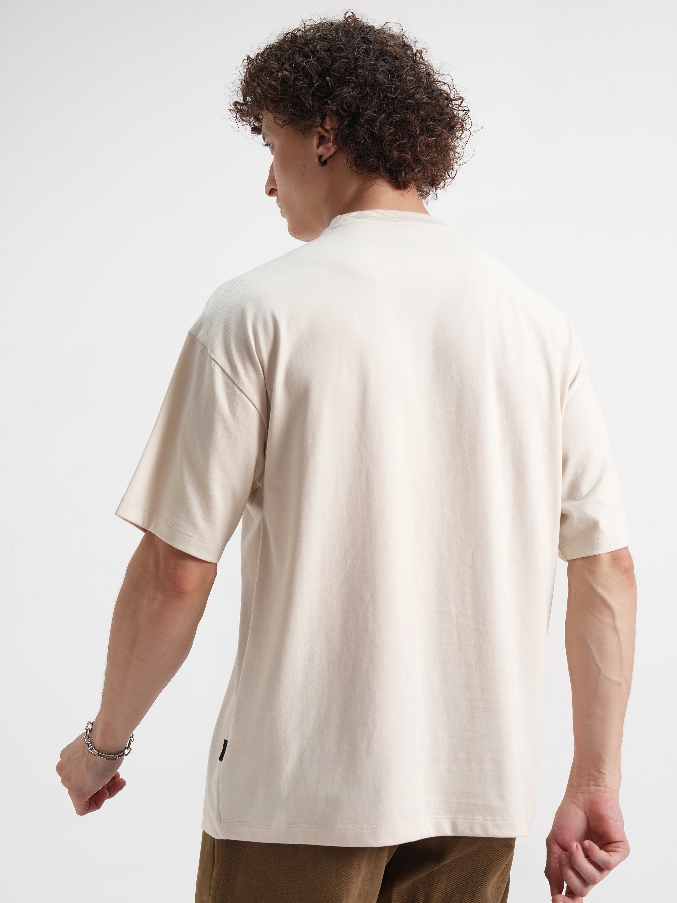 Highlander Men Cream Printed Round Neck Oversized Fit T-Shirt - Cream - Image 3