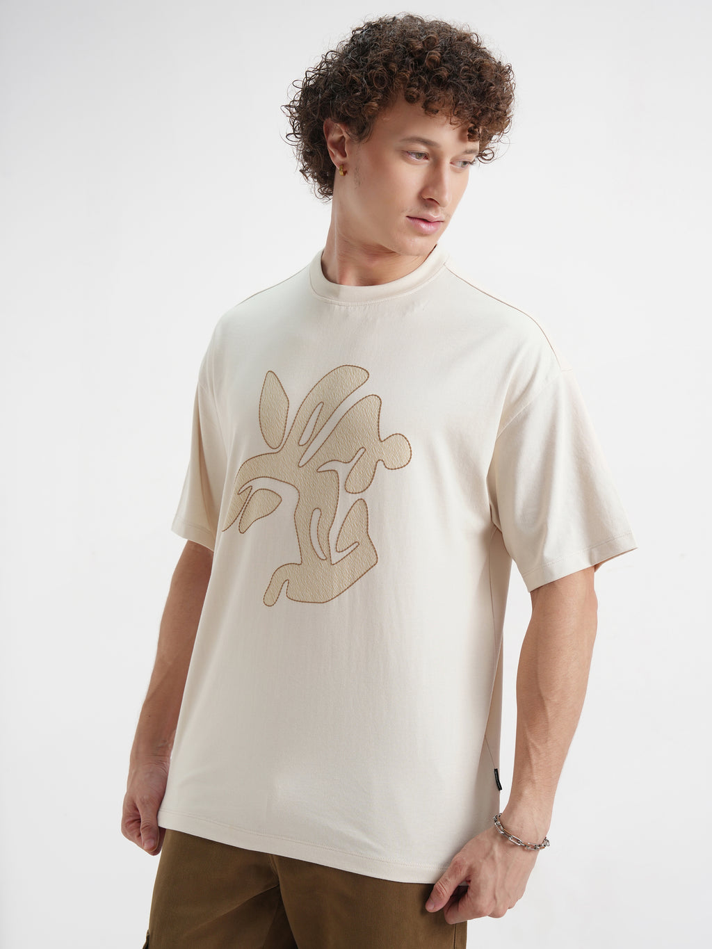 Highlander Men Cream Printed Round Neck Oversized Fit T-Shirt - Cream - Image 4