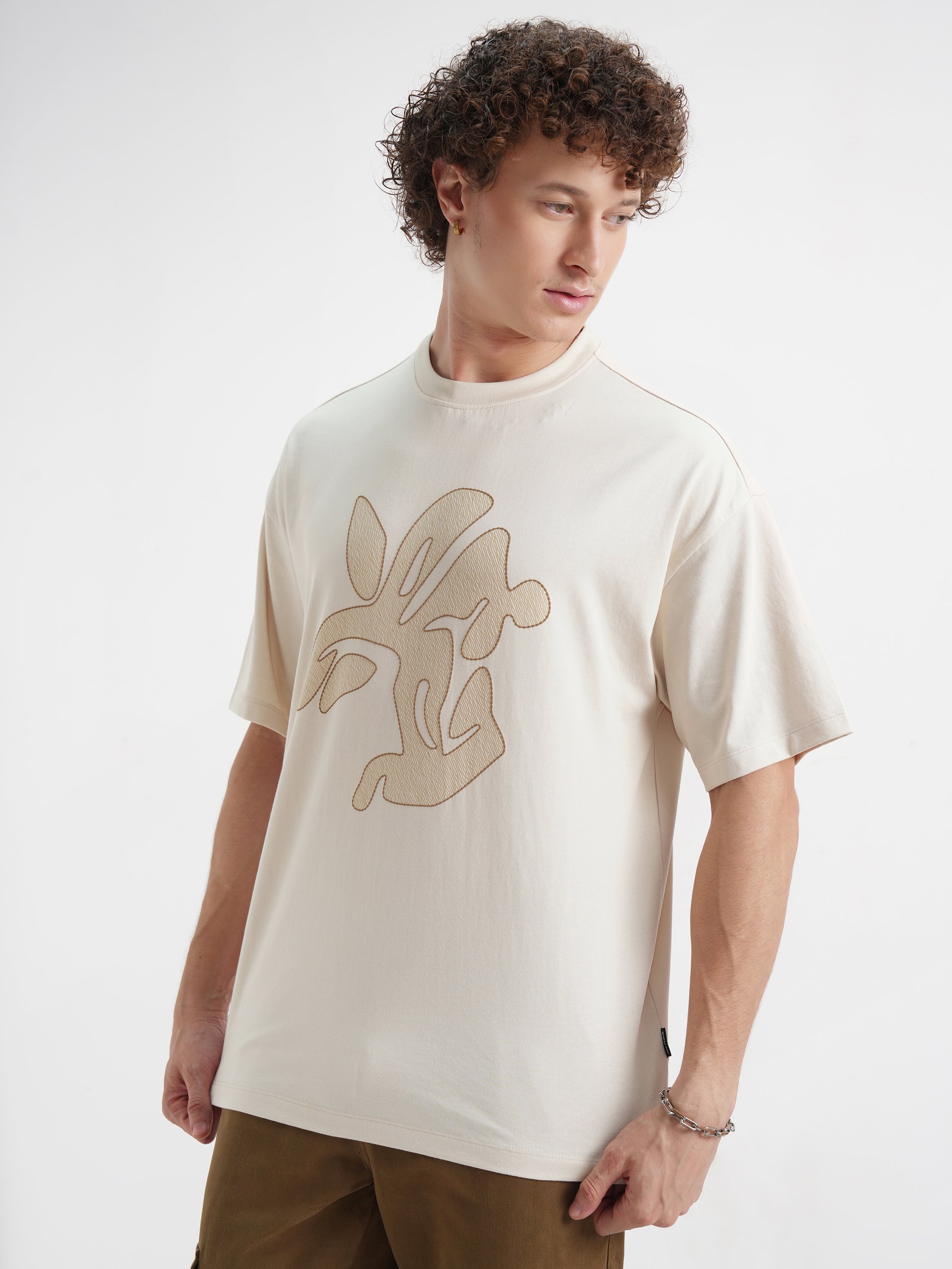 Highlander Men Cream Printed Round Neck Oversized Fit T-Shirt - Cream - Image 4