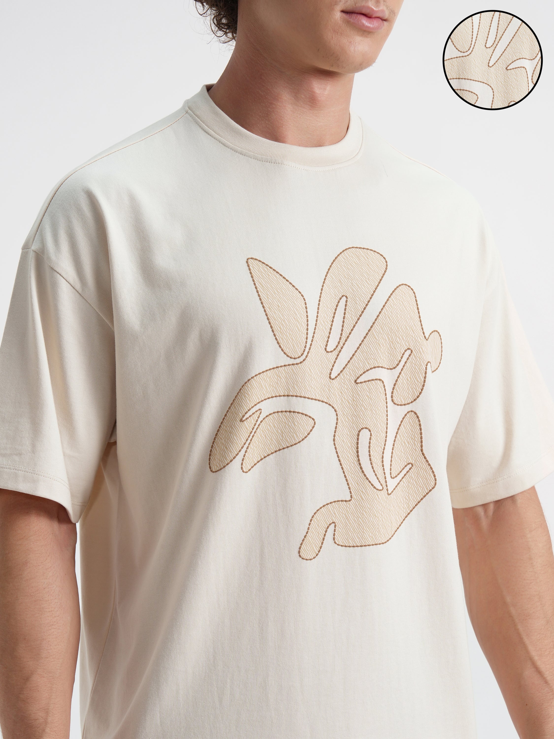 Highlander Men Cream Printed Round Neck Oversized Fit T-Shirt - Cream - Image 5