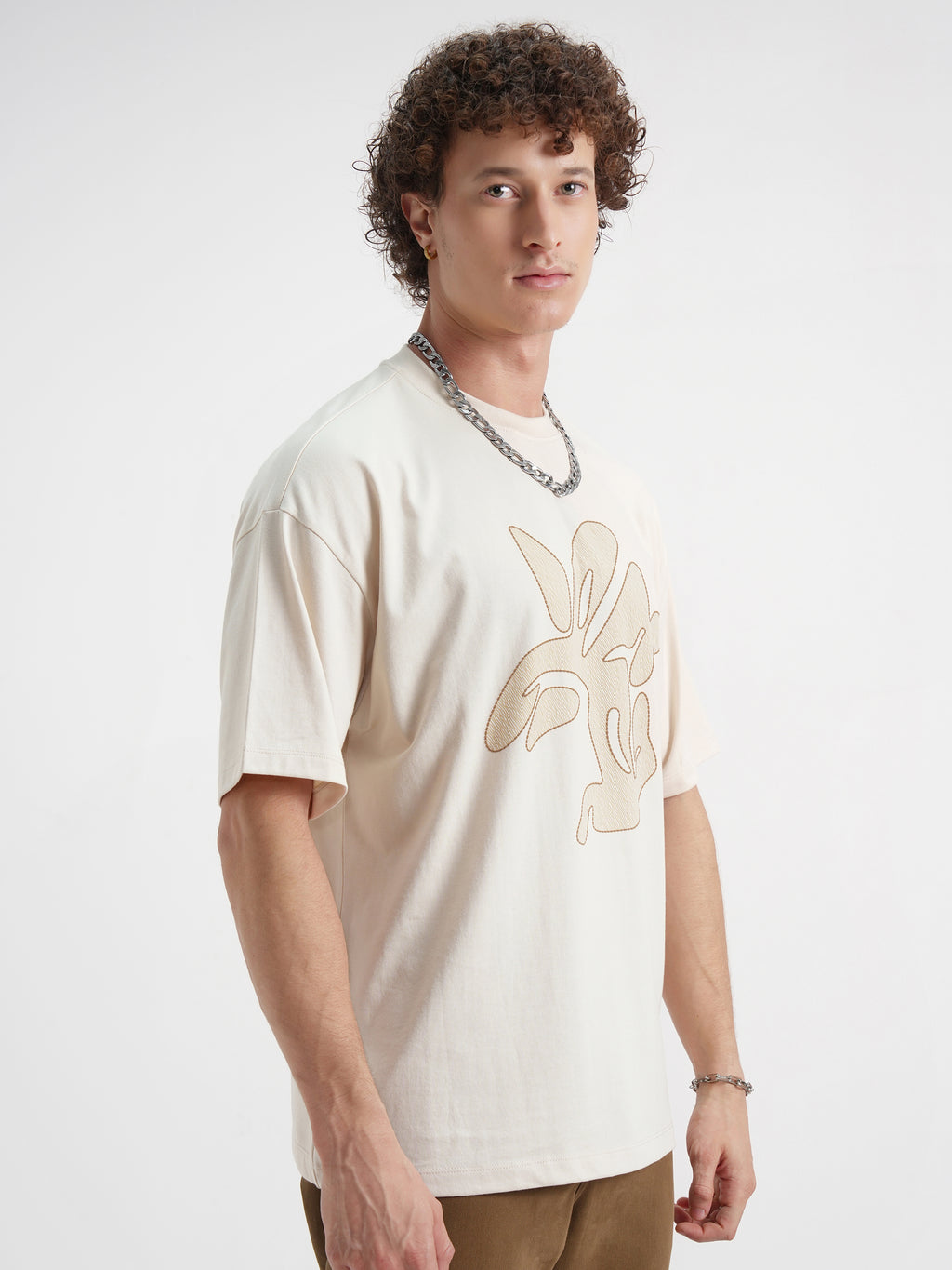 Highlander Men Cream Printed Round Neck Oversized Fit T-Shirt - Cream - Image 6