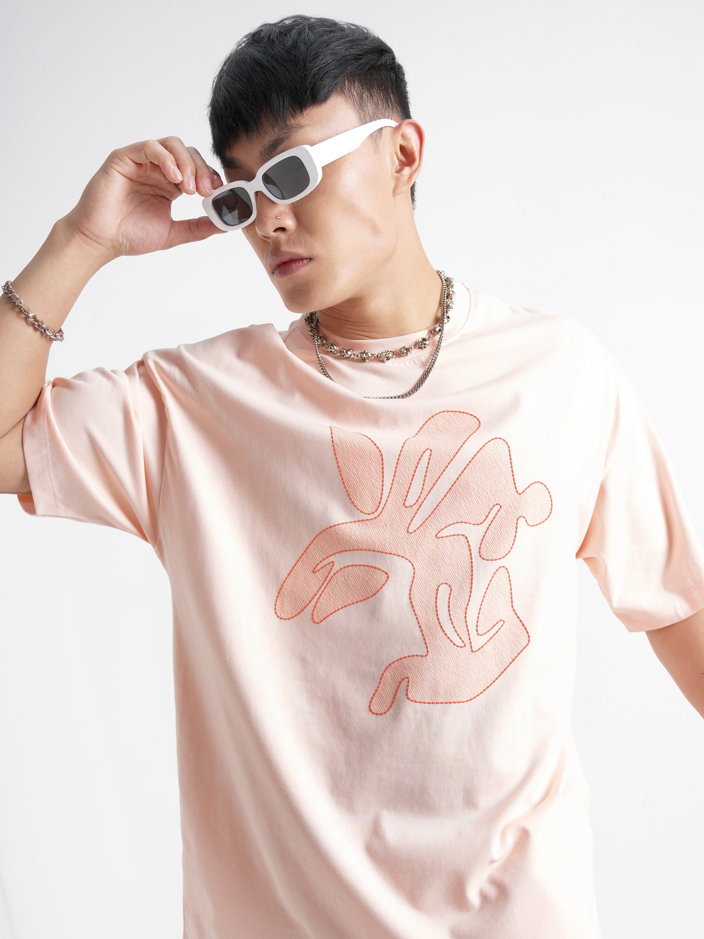 Highlander Men Peach Printed Round Neck Oversized Fit T-Shirt - Peach - Image 1