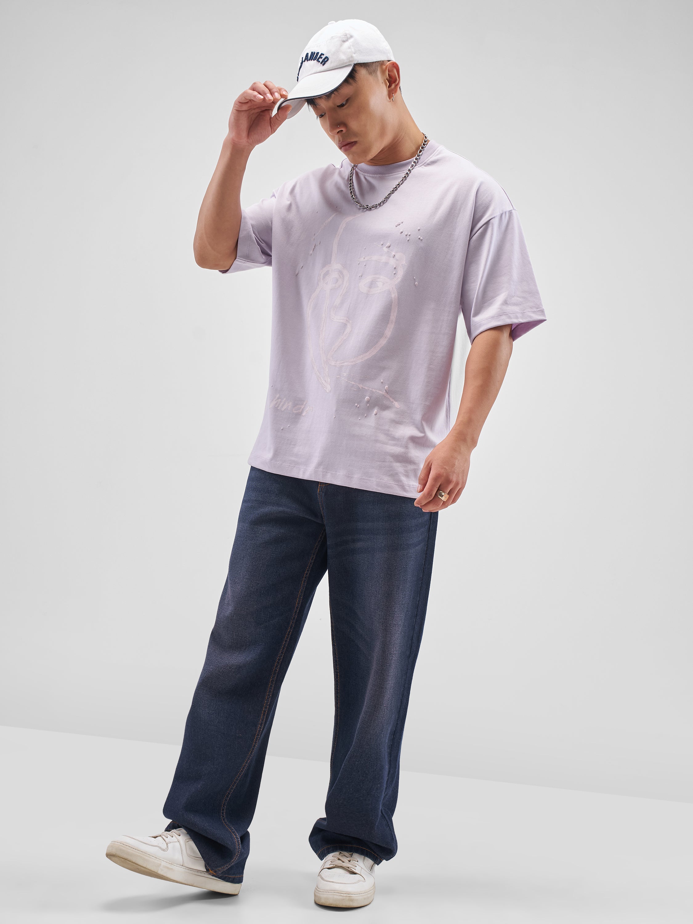 Highlander Men Lvender Printed Round Neck Oversized Fit T-Shirt - Lvender - Image 2