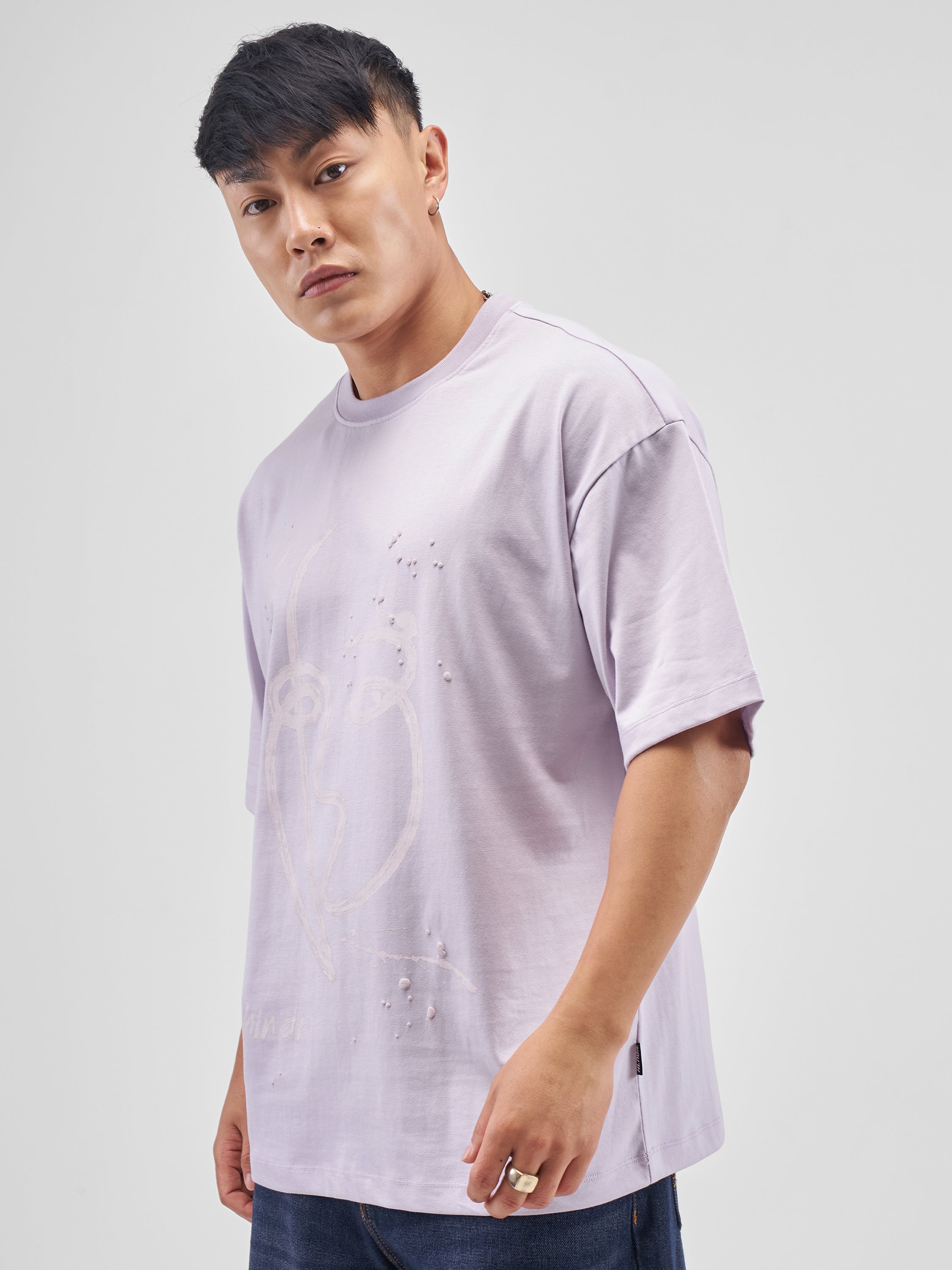 Highlander Men Lvender Printed Round Neck Oversized Fit T-Shirt - Lvender - Image 4