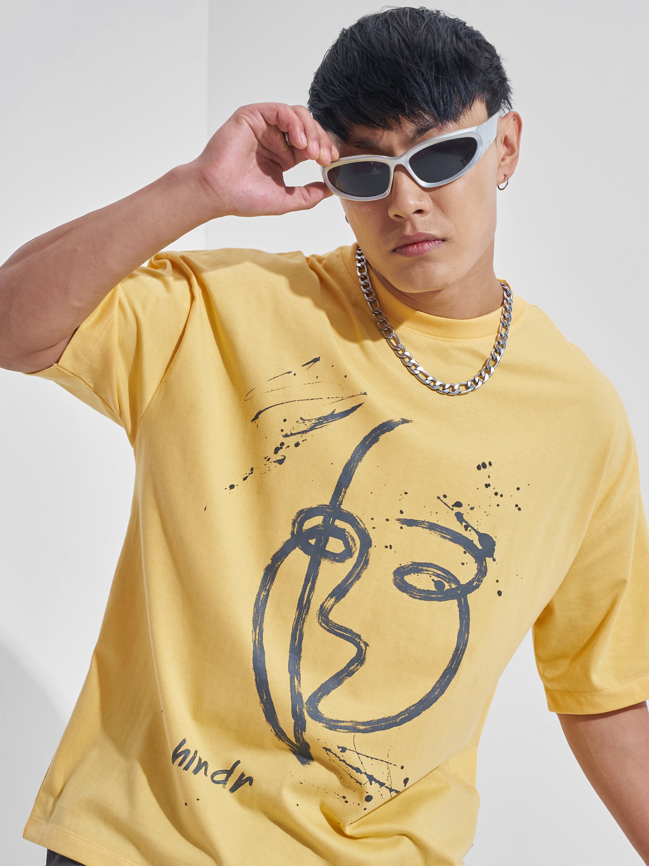 Highlander Men Yellow Printed Round Neck Oversized Fit T-Shirt - Yellow - Image 1